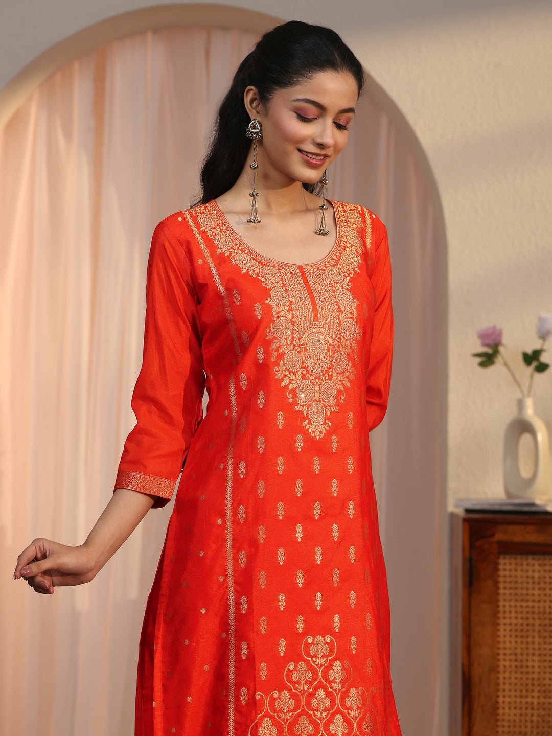  Libas Orange Floral Woven Design Chanderi Silk Straight Suit Set 