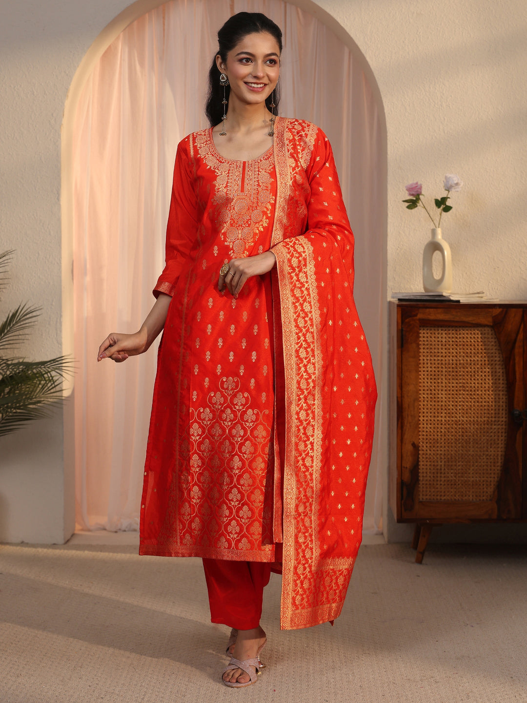  Libas Orange Floral Woven Design Chanderi Silk Straight Suit Set 