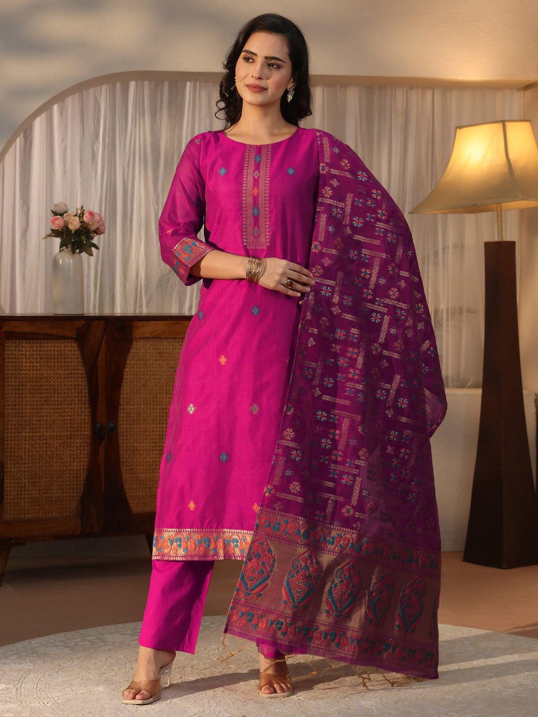  Libas Pink Ethnic Woven Design Chanderi Silk Straight Suit Set 