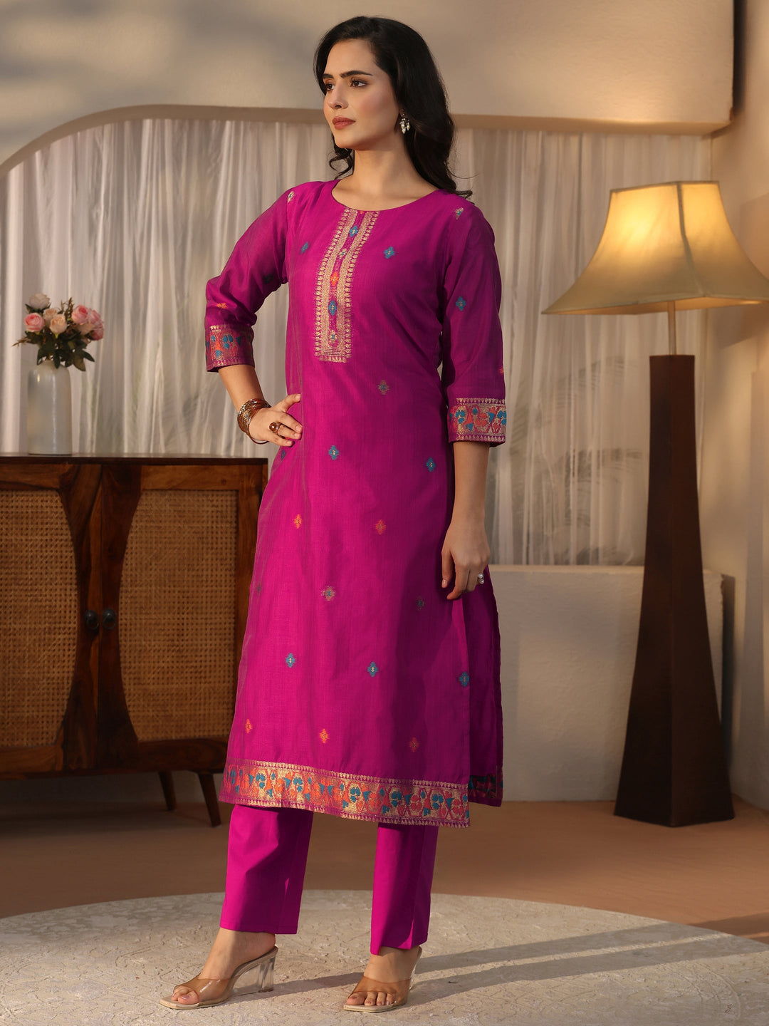  Libas Pink Ethnic Woven Design Chanderi Silk Straight Suit Set 