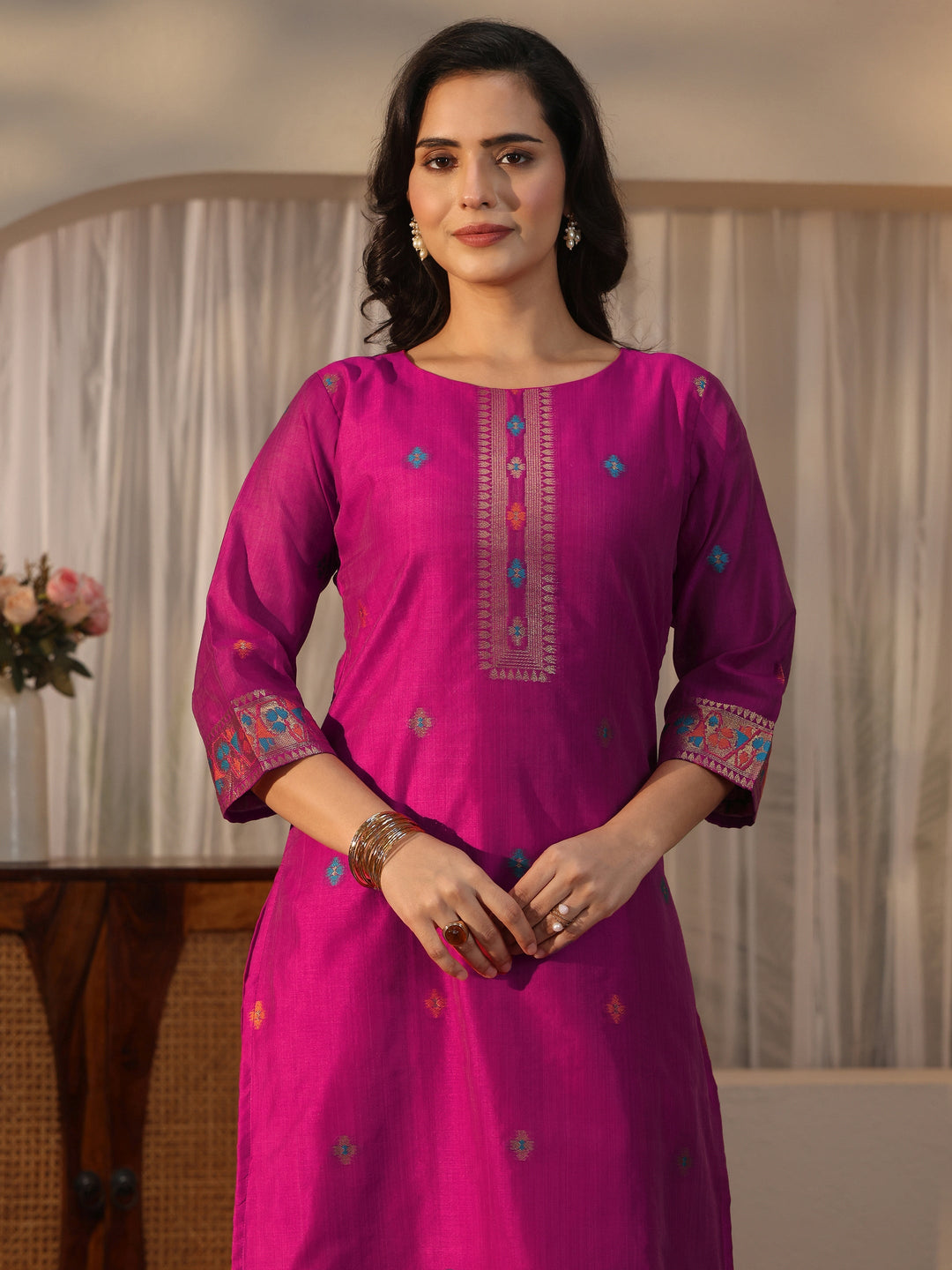  Libas Pink Ethnic Woven Design Chanderi Silk Straight Suit Set 