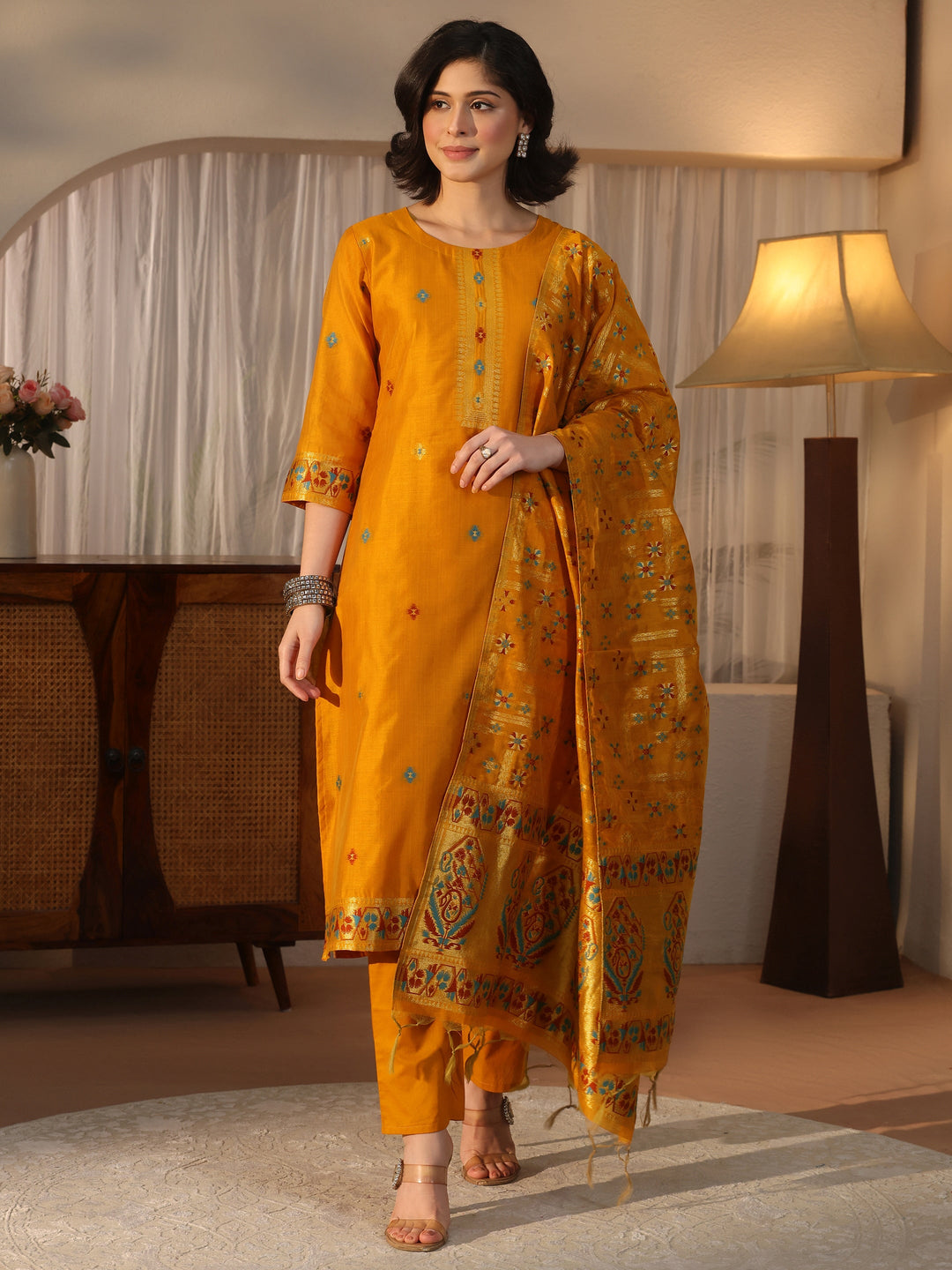  Libas Mustard Ethnic Woven Design Chanderi Silk Straight Suit Set 
