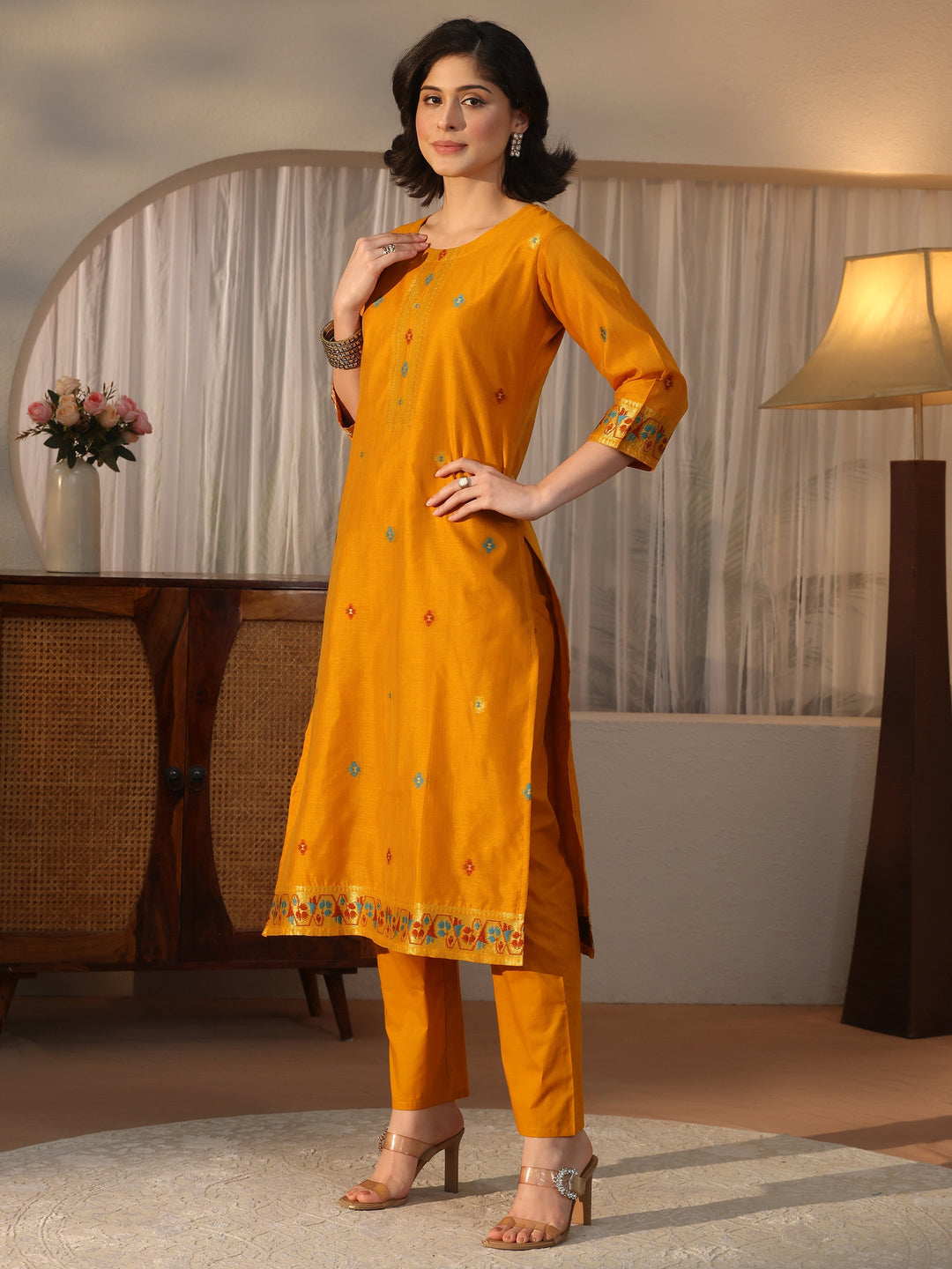  Libas Mustard Ethnic Woven Design Chanderi Silk Straight Suit Set 