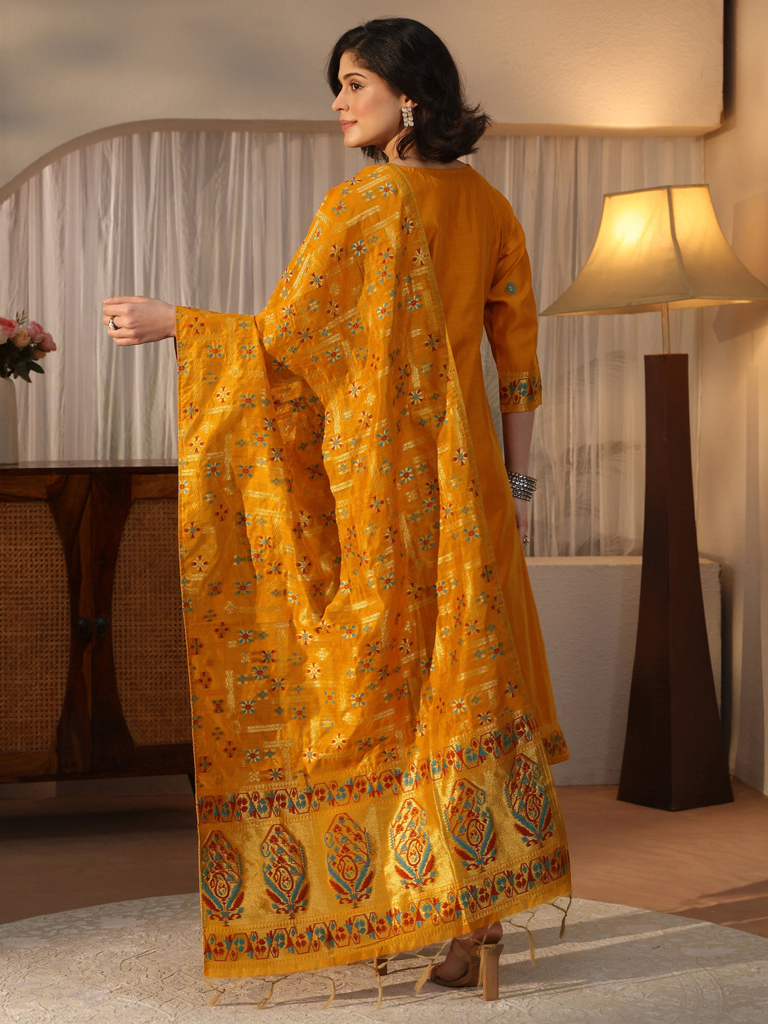  Libas Mustard Ethnic Woven Design Chanderi Silk Straight Suit Set 