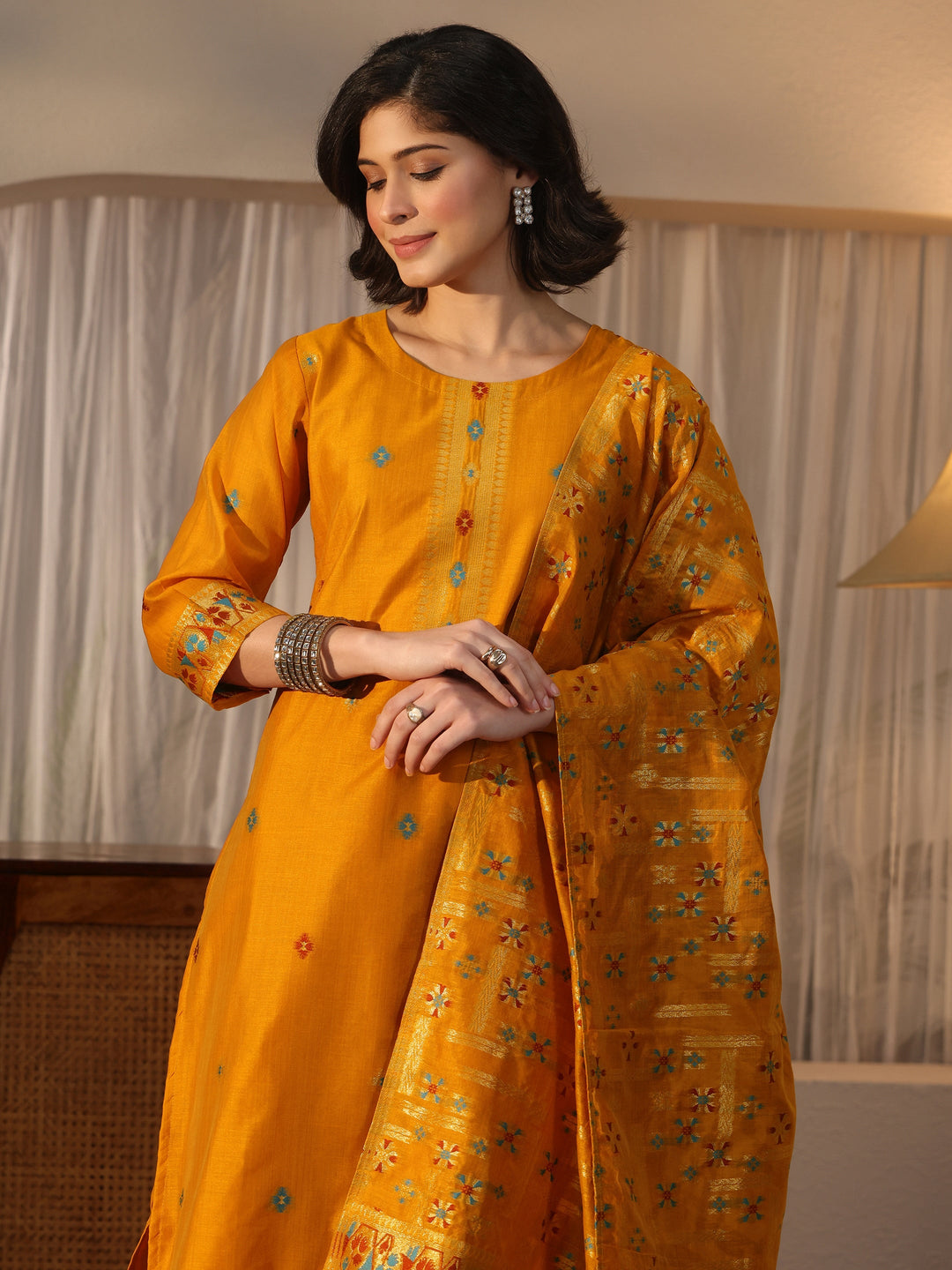  Libas Mustard Ethnic Woven Design Chanderi Silk Straight Suit Set 