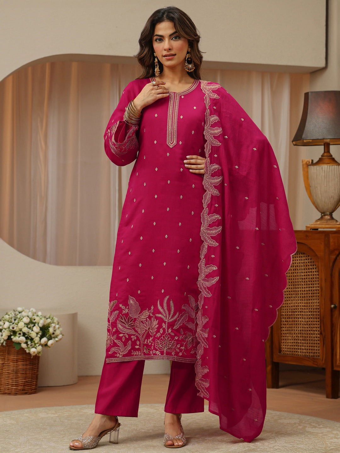  Pink Chanderi Silk Straight Suit Set With Embroidered Hem 