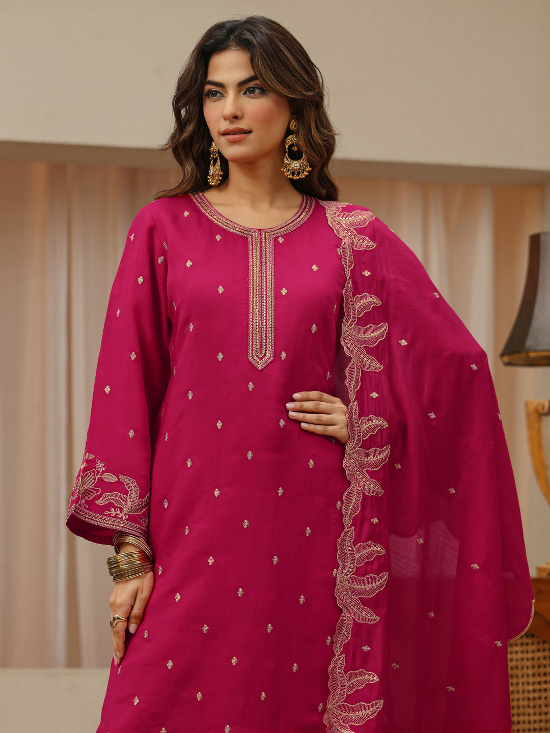  Pink Chanderi Silk Straight Suit Set With Embroidered Hem 