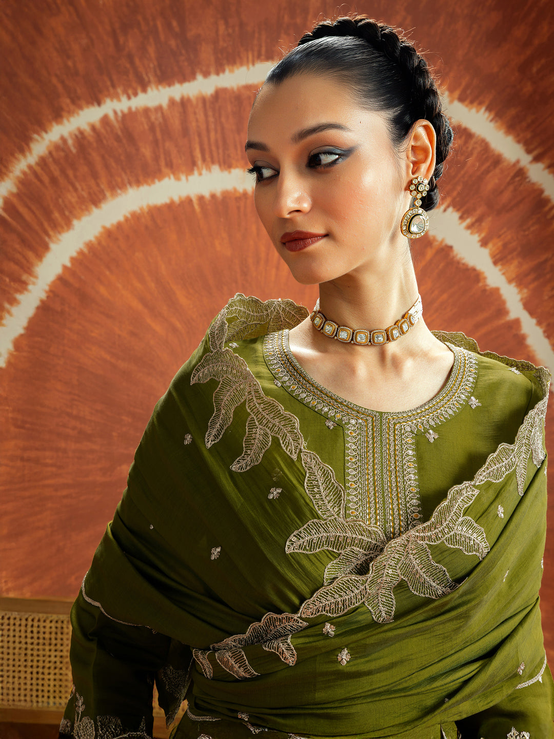 Libas Navya Green Chanderi Silk Straight Suit Set With Embroidered Hem 