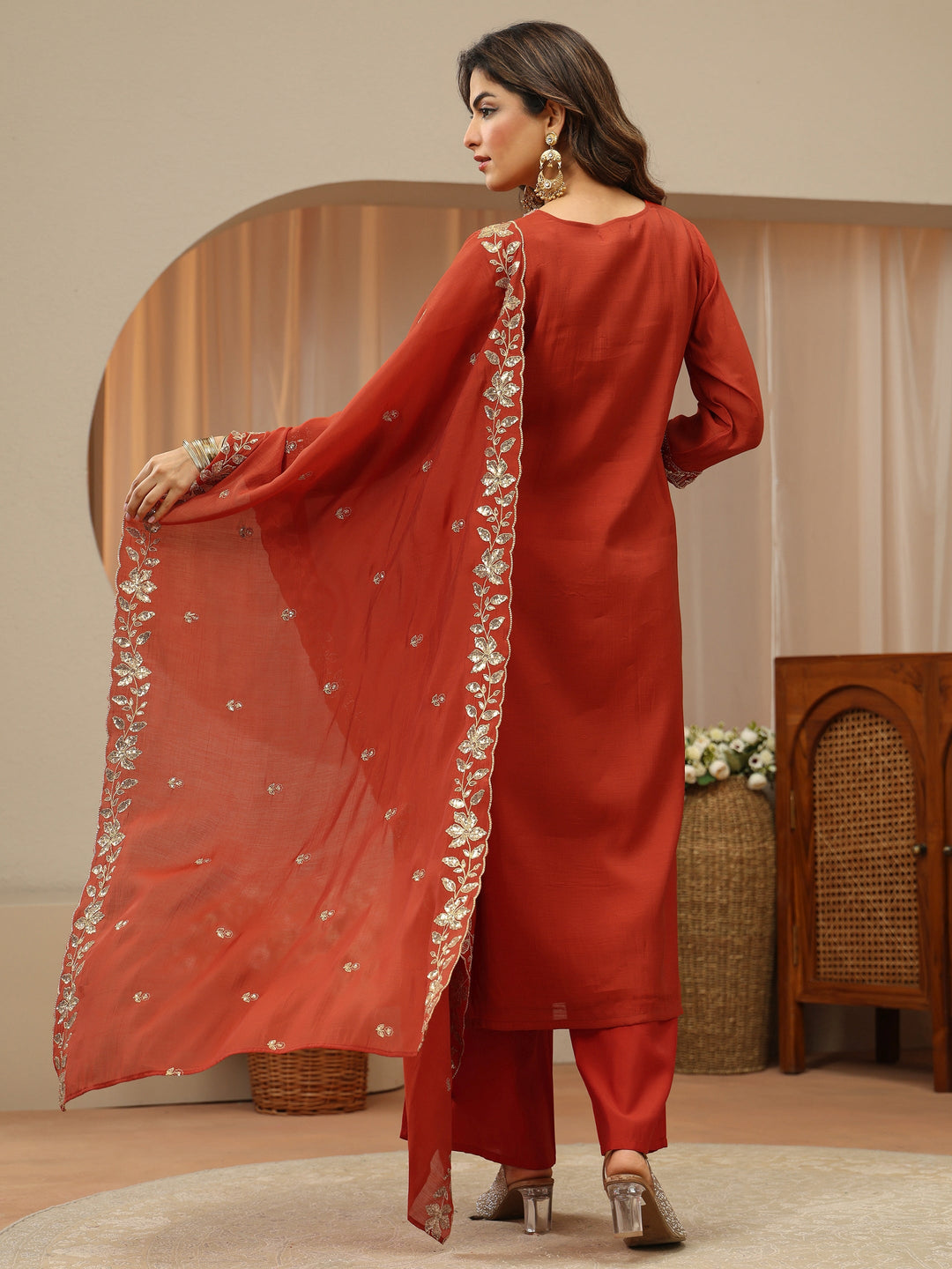  Burnt Orange Embellished Chanderi Silk Straight Suit Set 