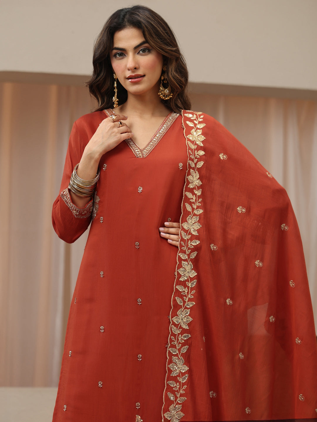  Burnt Orange Embellished Chanderi Silk Straight Suit Set 