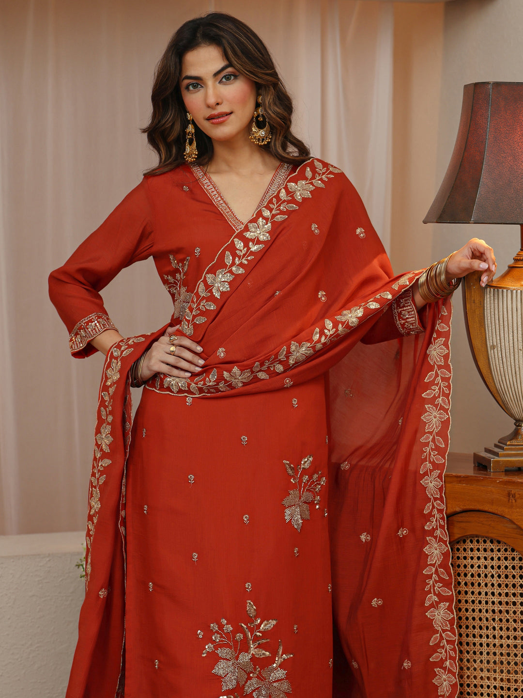  Burnt Orange Embellished Chanderi Silk Straight Suit Set 