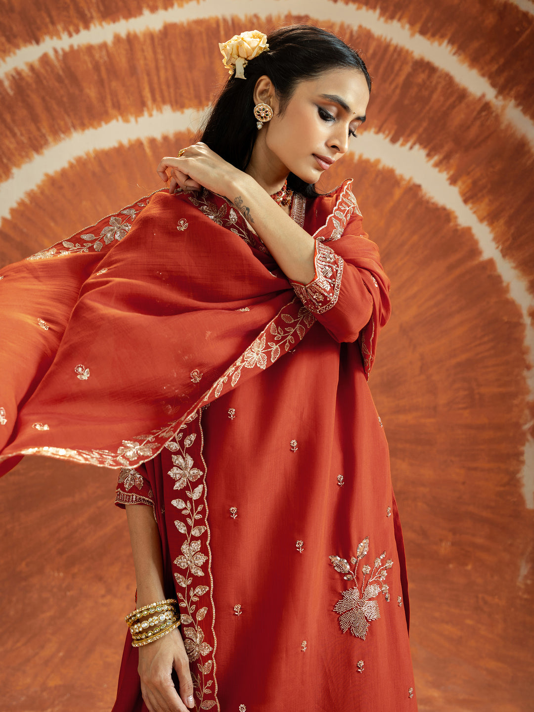  Libas Riddhi Burnt Orange Embellished Chanderi Silk Straight Suit Set 
