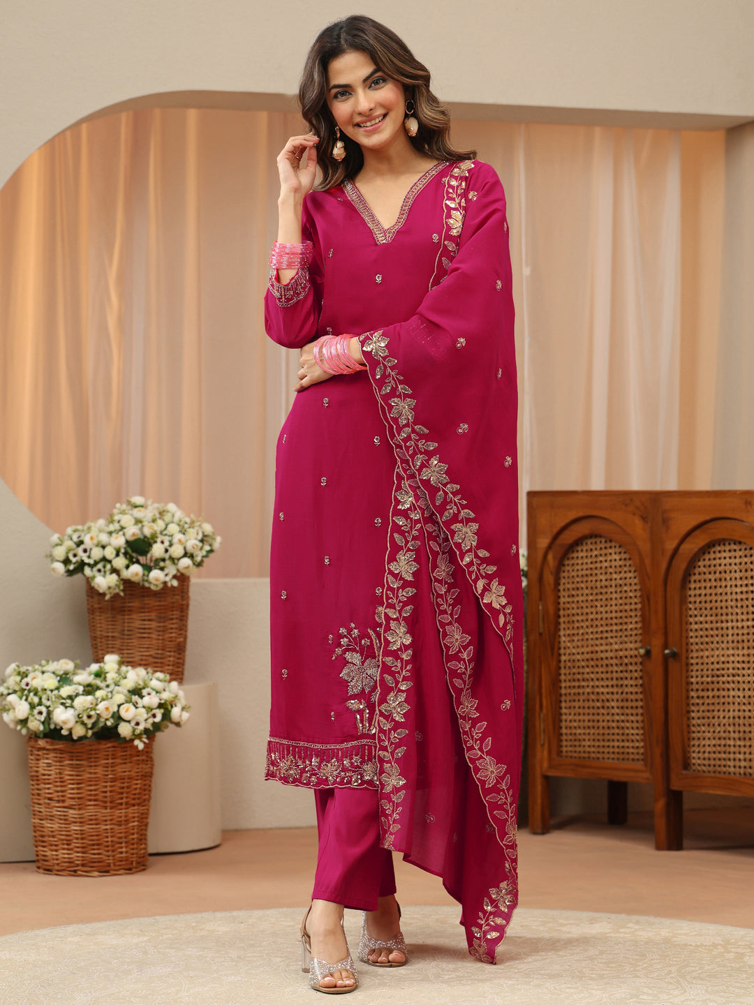  Magenta Embellished Chanderi Silk Straight Suit Set 