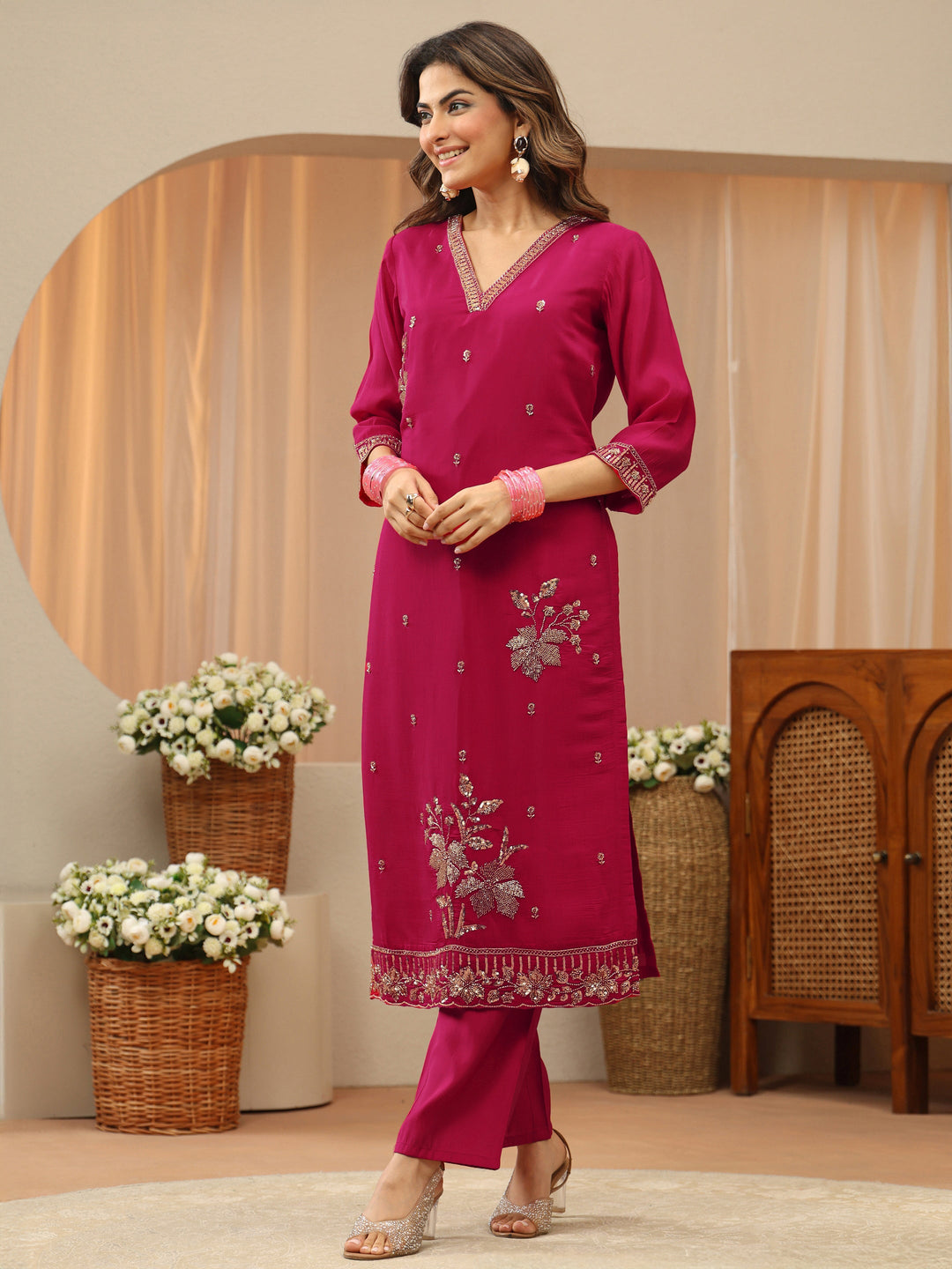  Magenta Embellished Chanderi Silk Straight Suit Set 