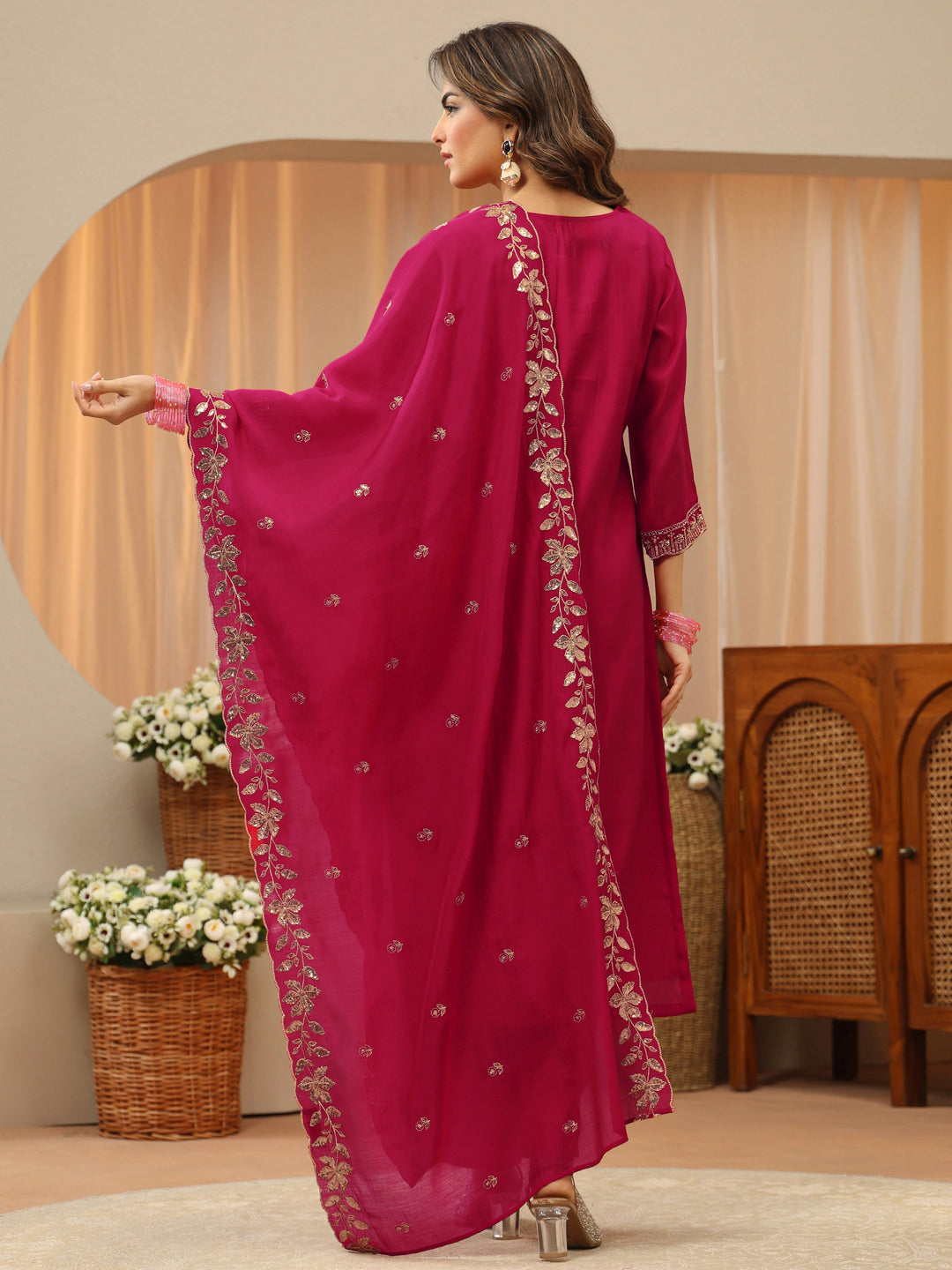  Magenta Embellished Chanderi Silk Straight Suit Set 