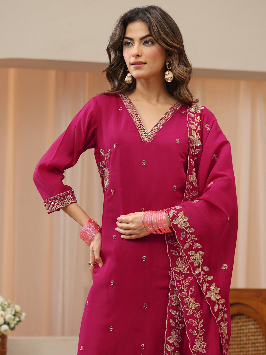  Magenta Embellished Chanderi Silk Straight Suit Set 