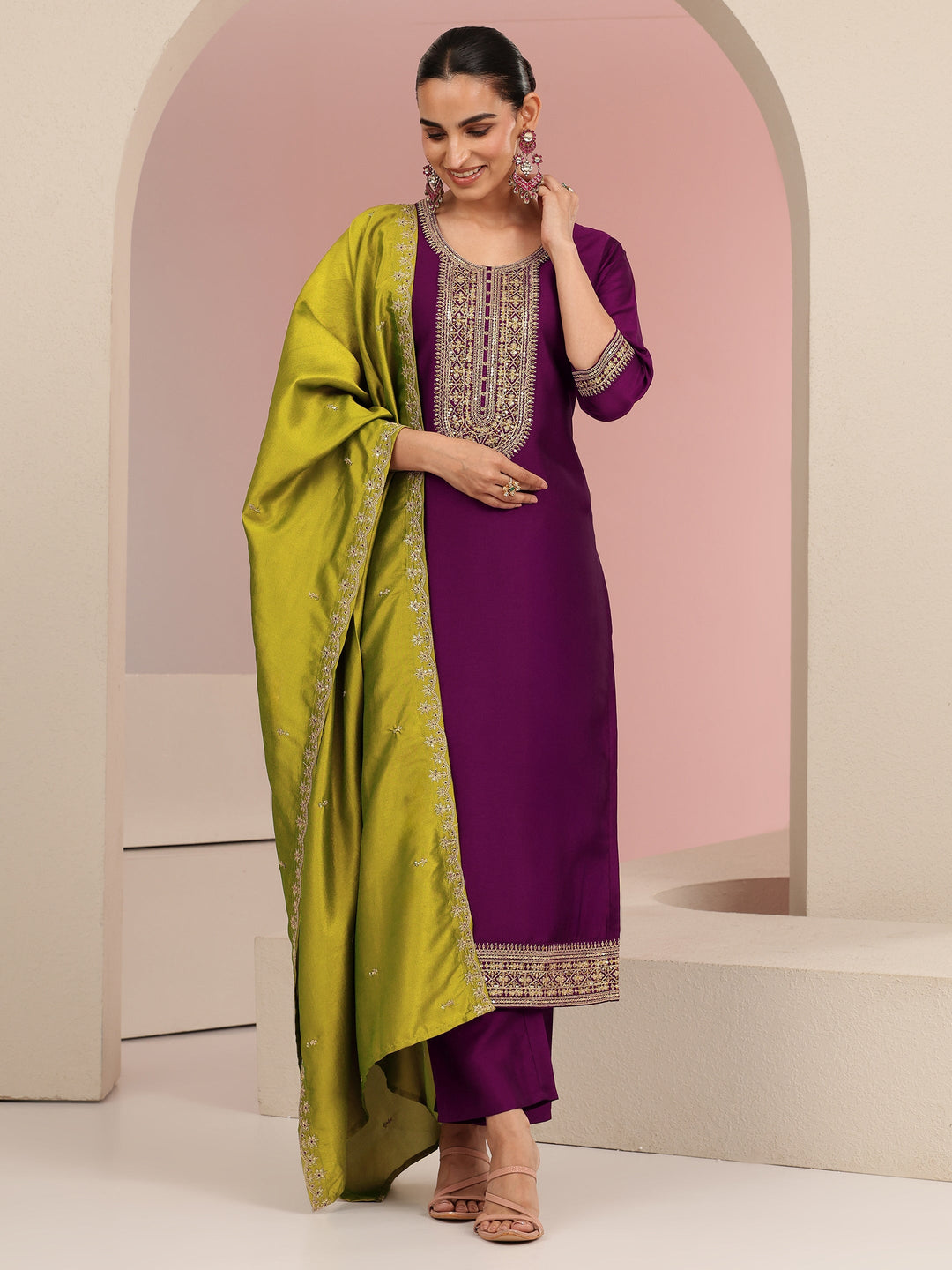  Burgundy Embroidered Chanderi Silk Straight Suit Set 