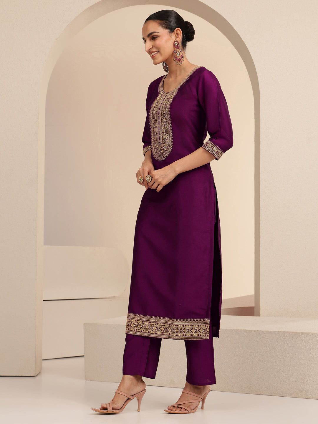  Burgundy Embroidered Chanderi Silk Straight Suit Set 