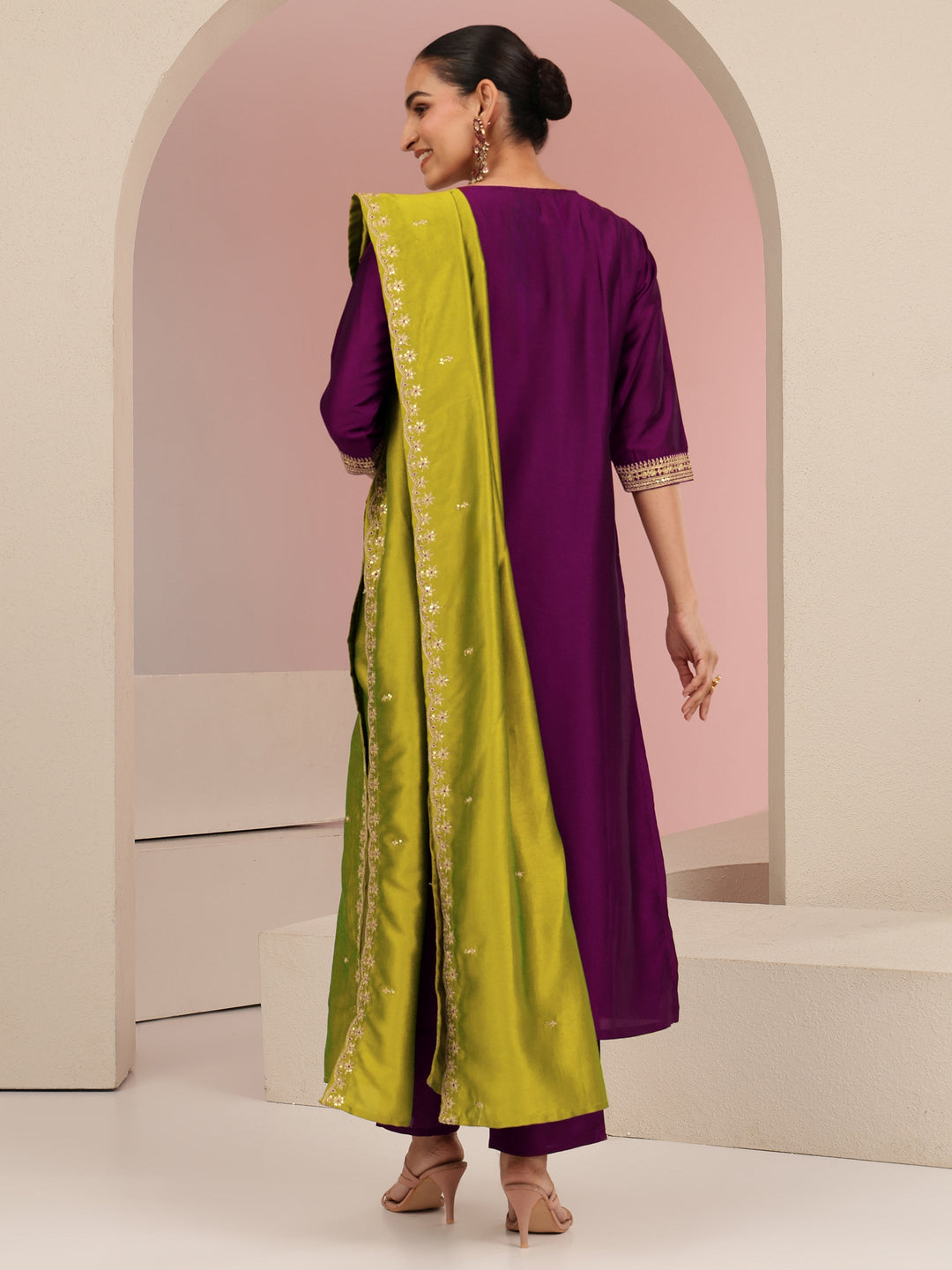  Burgundy Embroidered Chanderi Silk Straight Suit Set 