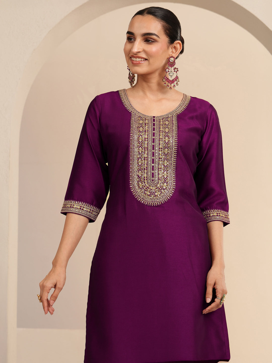  Burgundy Embroidered Chanderi Silk Straight Suit Set 