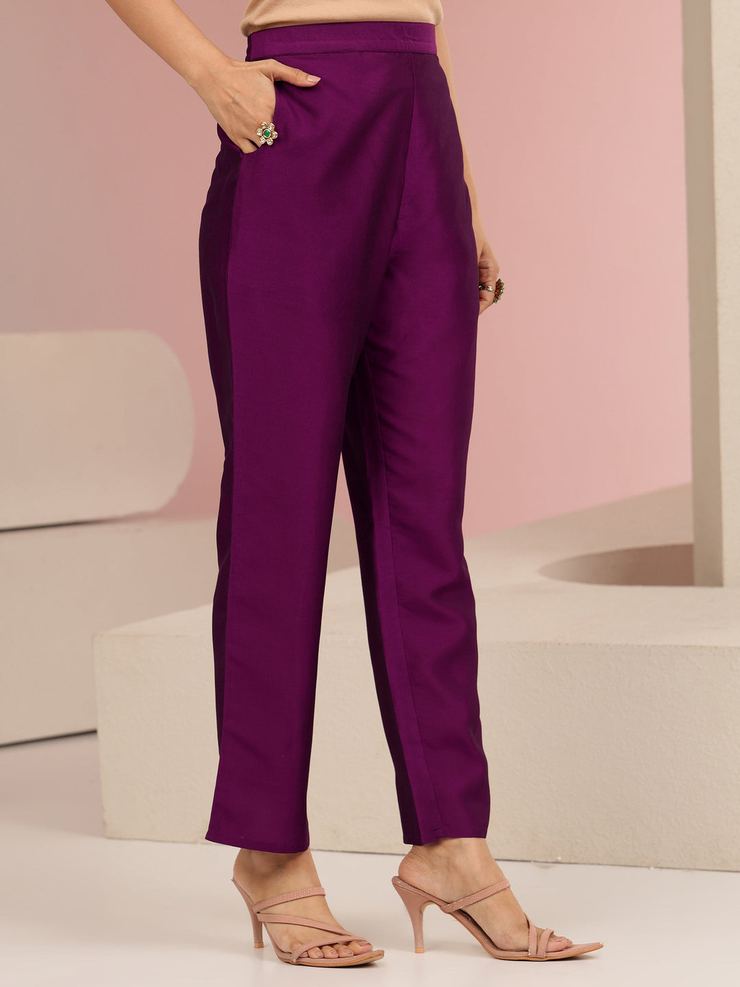  Burgundy Embroidered Chanderi Silk Straight Suit Set 