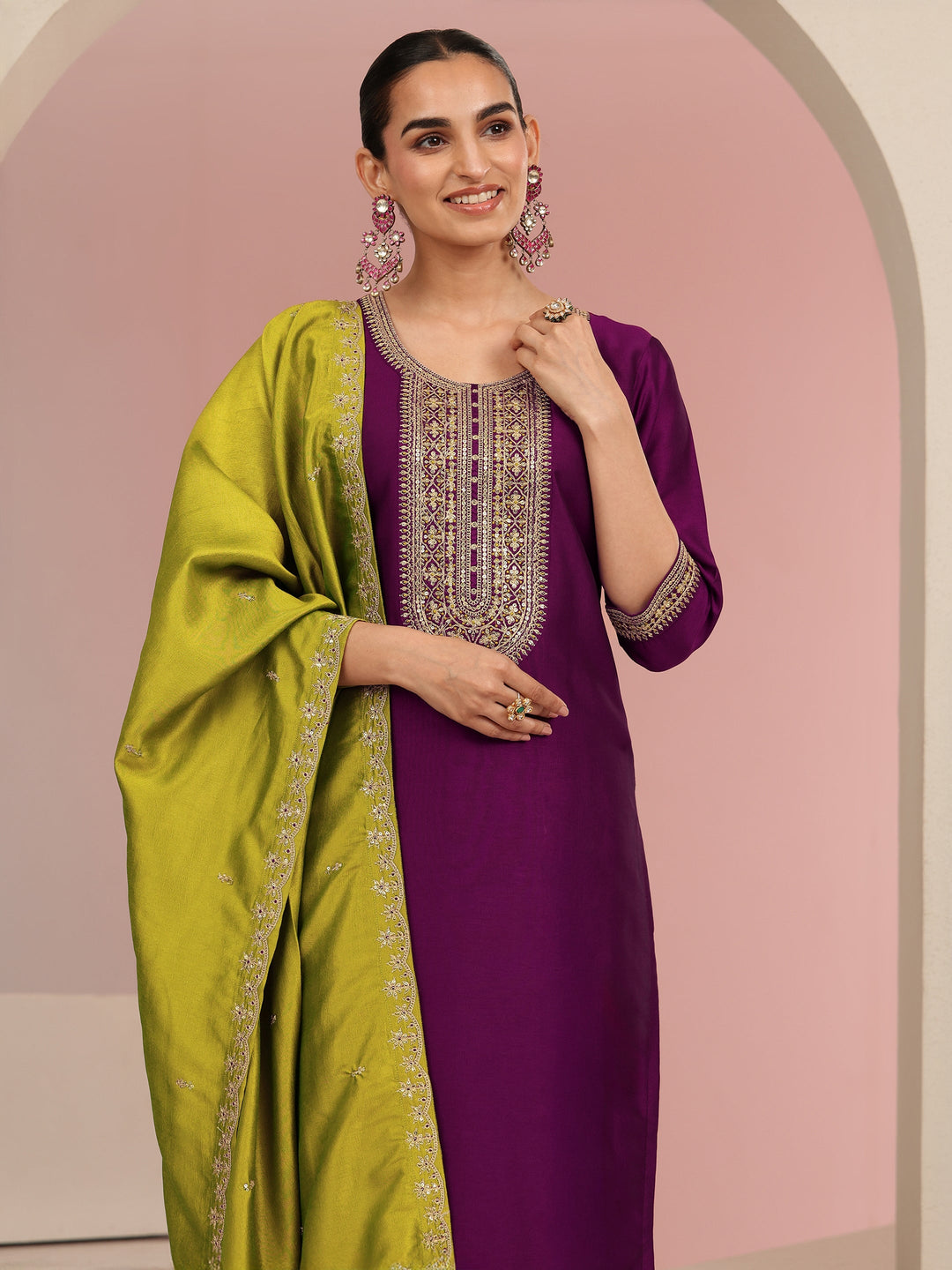  Burgundy Embroidered Chanderi Silk Straight Suit Set 