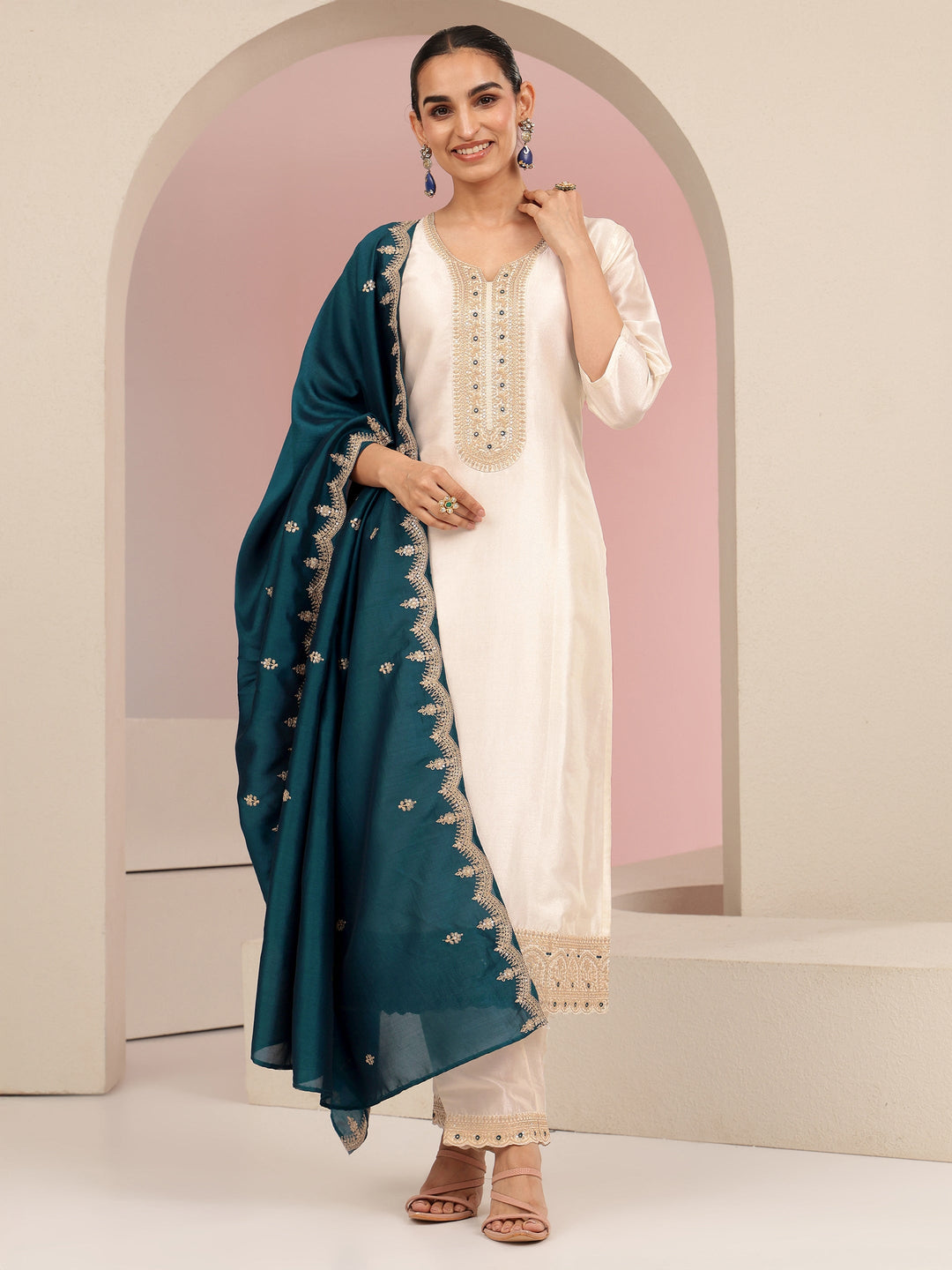  Cream Embroidered Chanderi Silk Straight Suit Set 