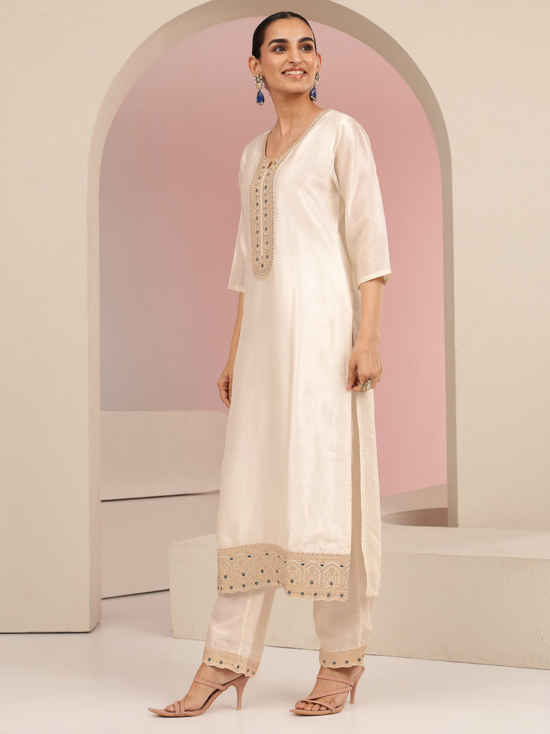  Cream Embroidered Chanderi Silk Straight Suit Set 