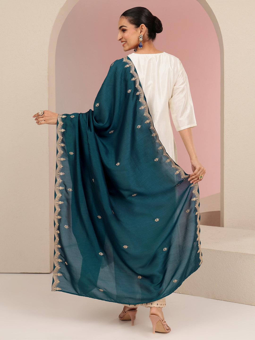  Cream Embroidered Chanderi Silk Straight Suit Set 