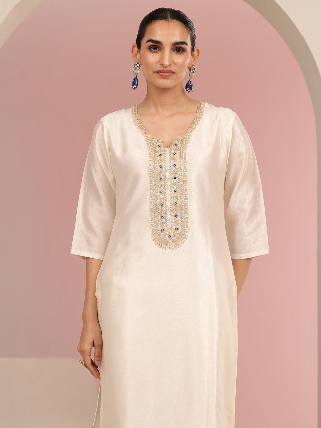  Cream Embroidered Chanderi Silk Straight Suit Set 