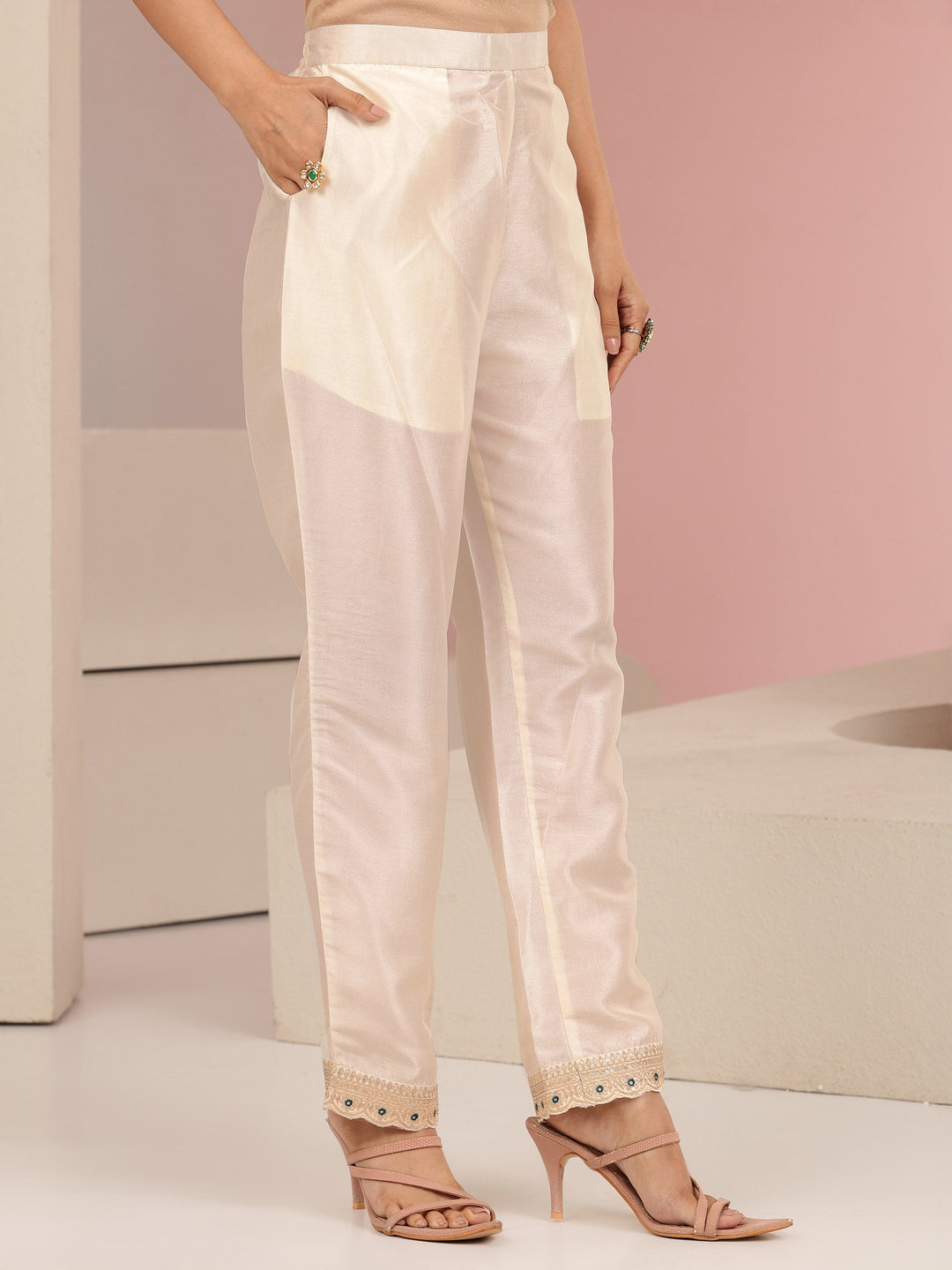  Cream Embroidered Chanderi Silk Straight Suit Set 