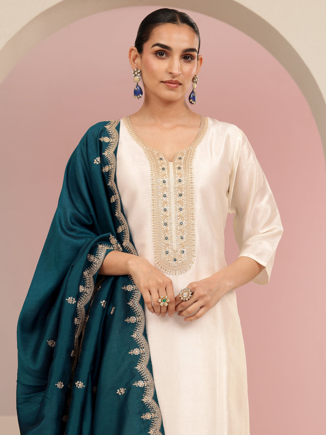 Cream Embroidered Chanderi Silk Straight Suit Set 