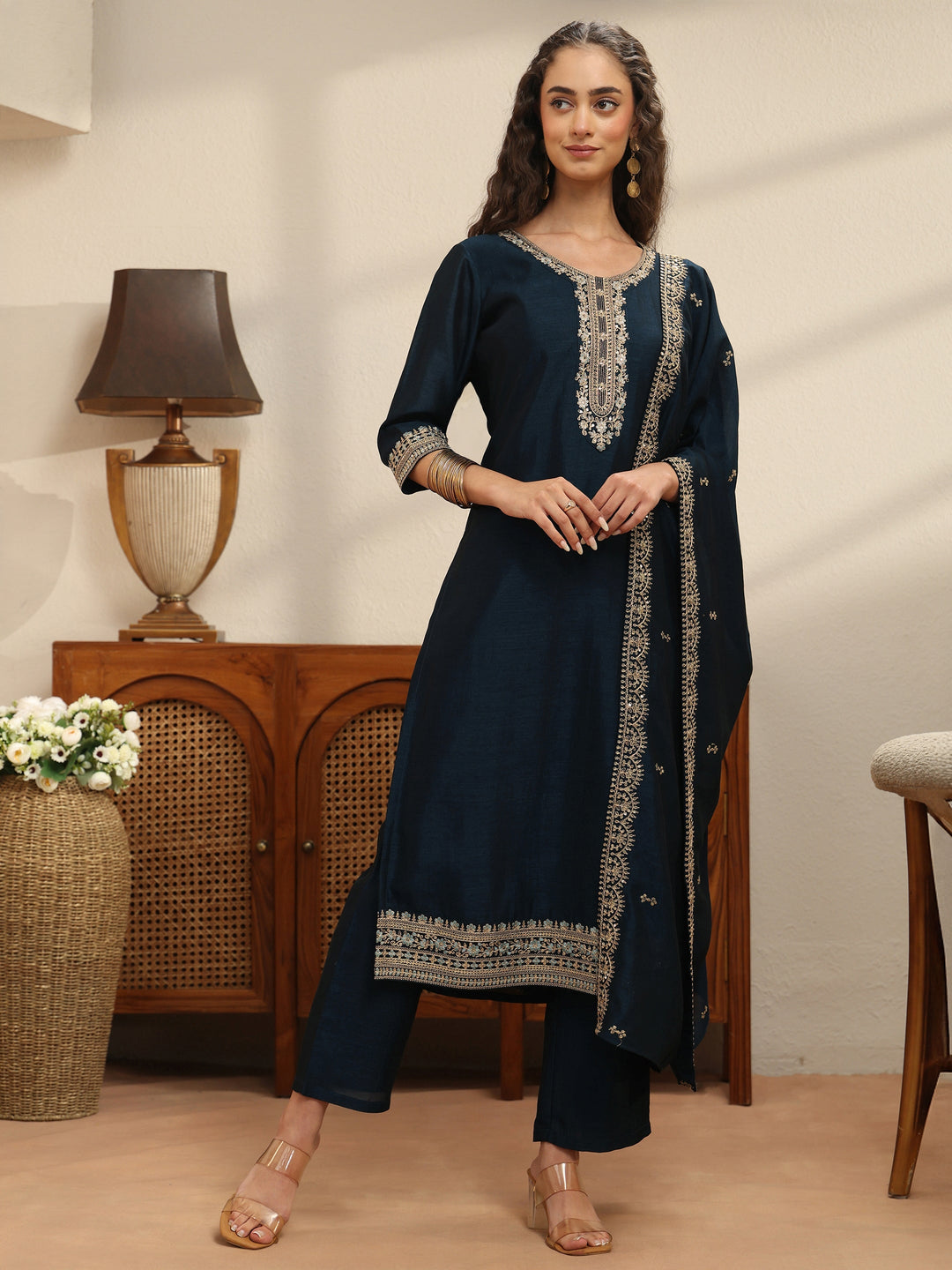  Navy Yoke Embellished Chanderi Silk Straight Suit Set 