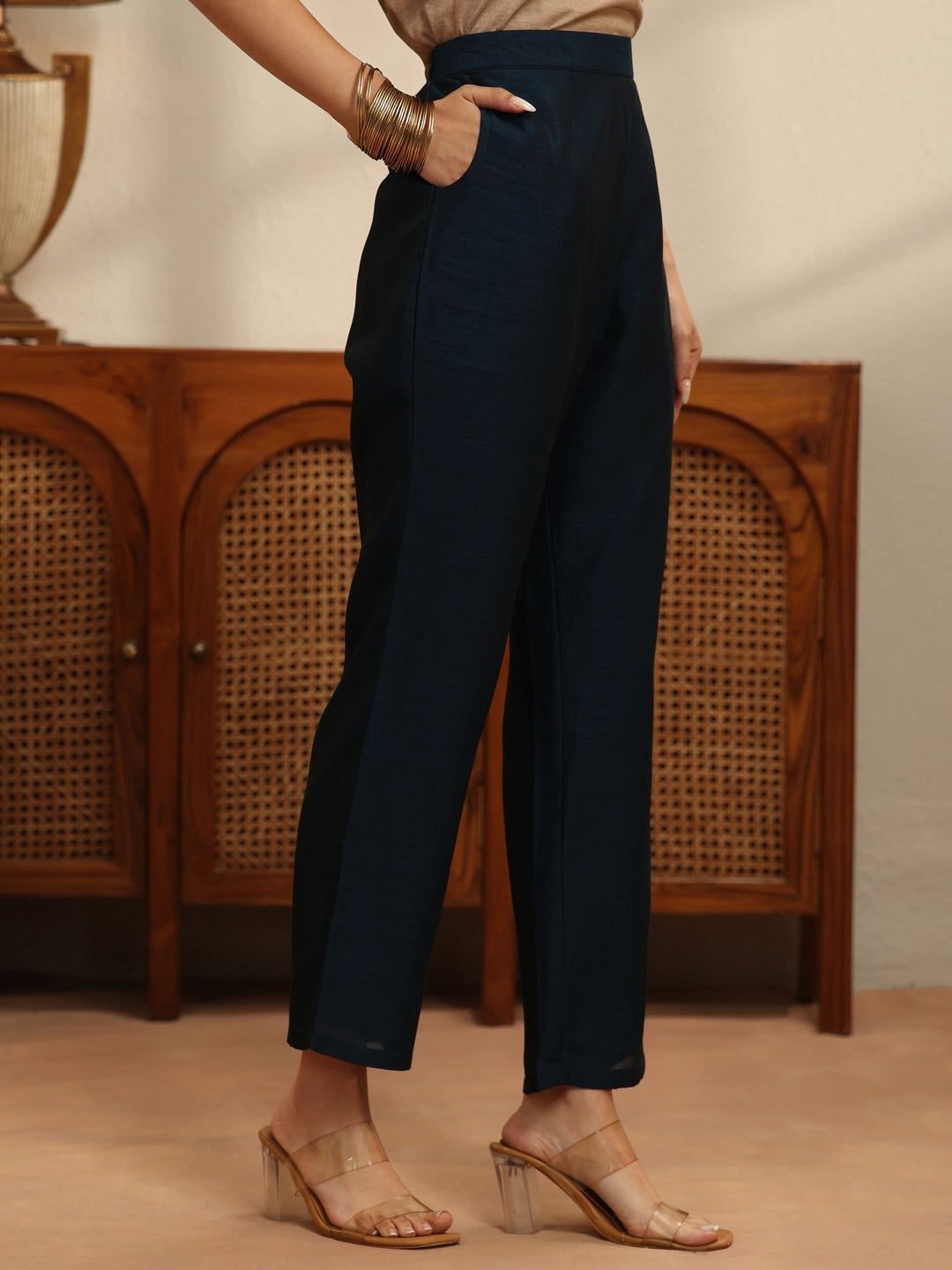  Navy Yoke Embellished Chanderi Silk Straight Suit Set 