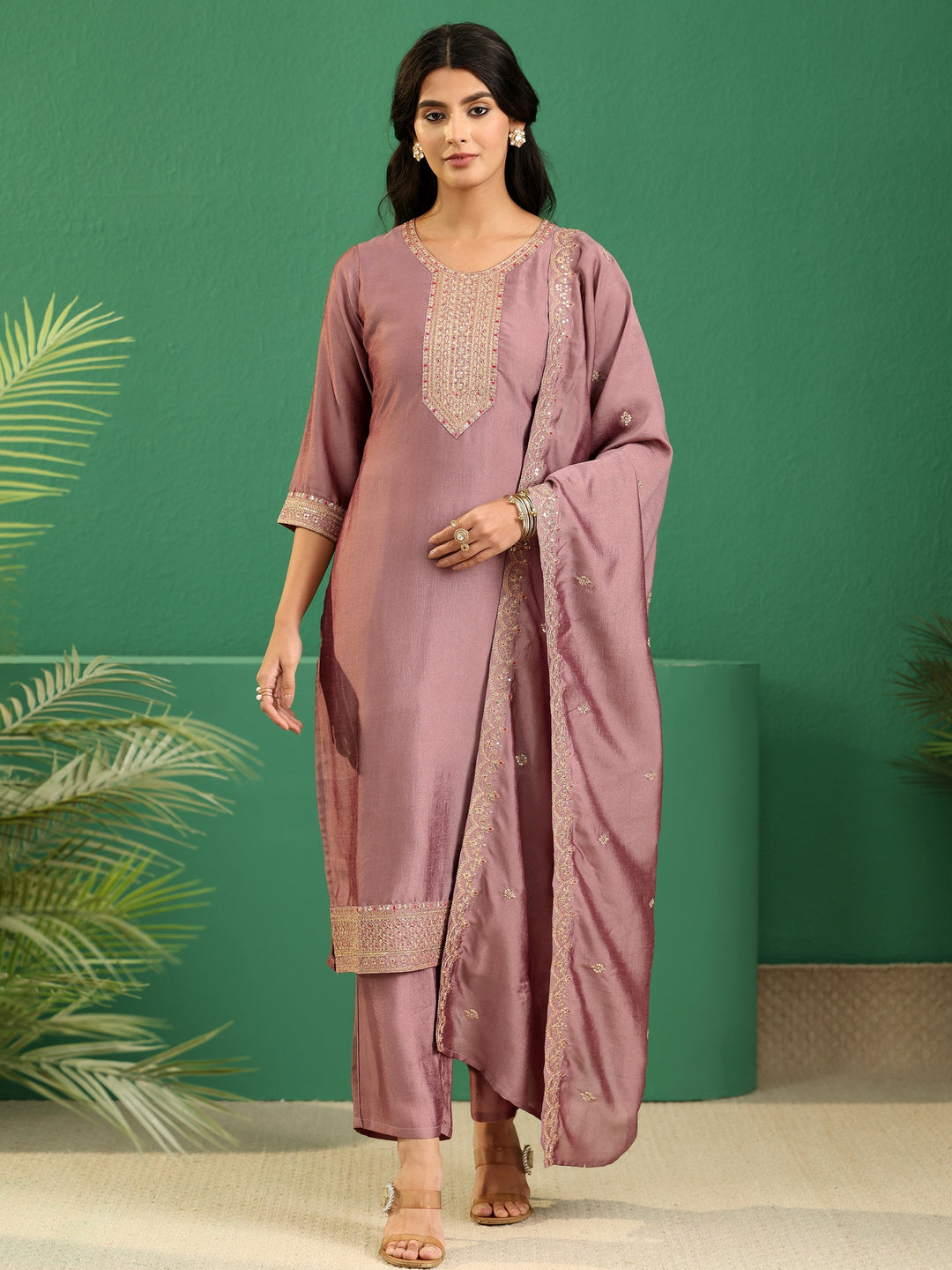  Libas Mauve Embellished Chanderi Silk Straight Suit Set 