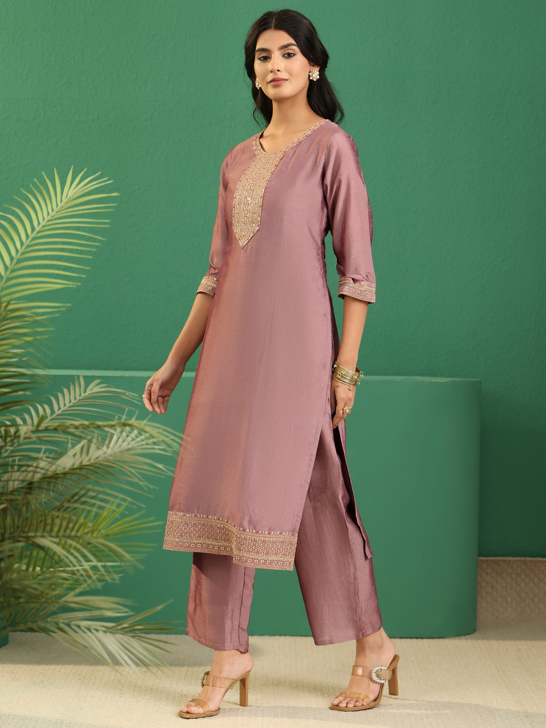  Libas Mauve Embellished Chanderi Silk Straight Suit Set 
