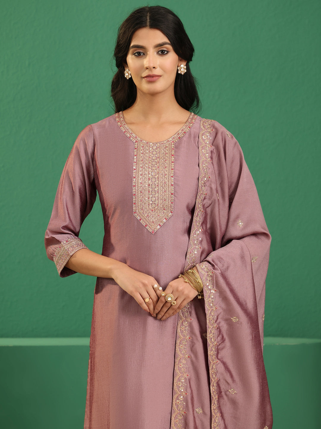  Libas Mauve Embellished Chanderi Silk Straight Suit Set 