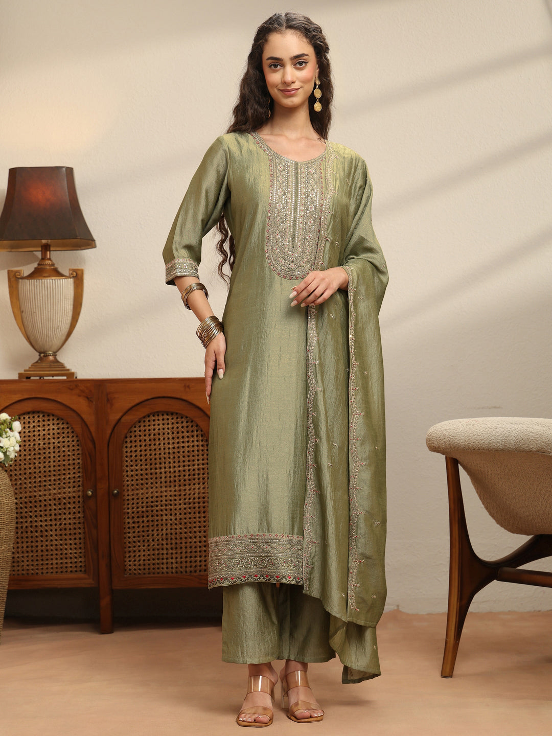  Sap Green Yoke Embellished Chanderi Silk Straight Suit Set 