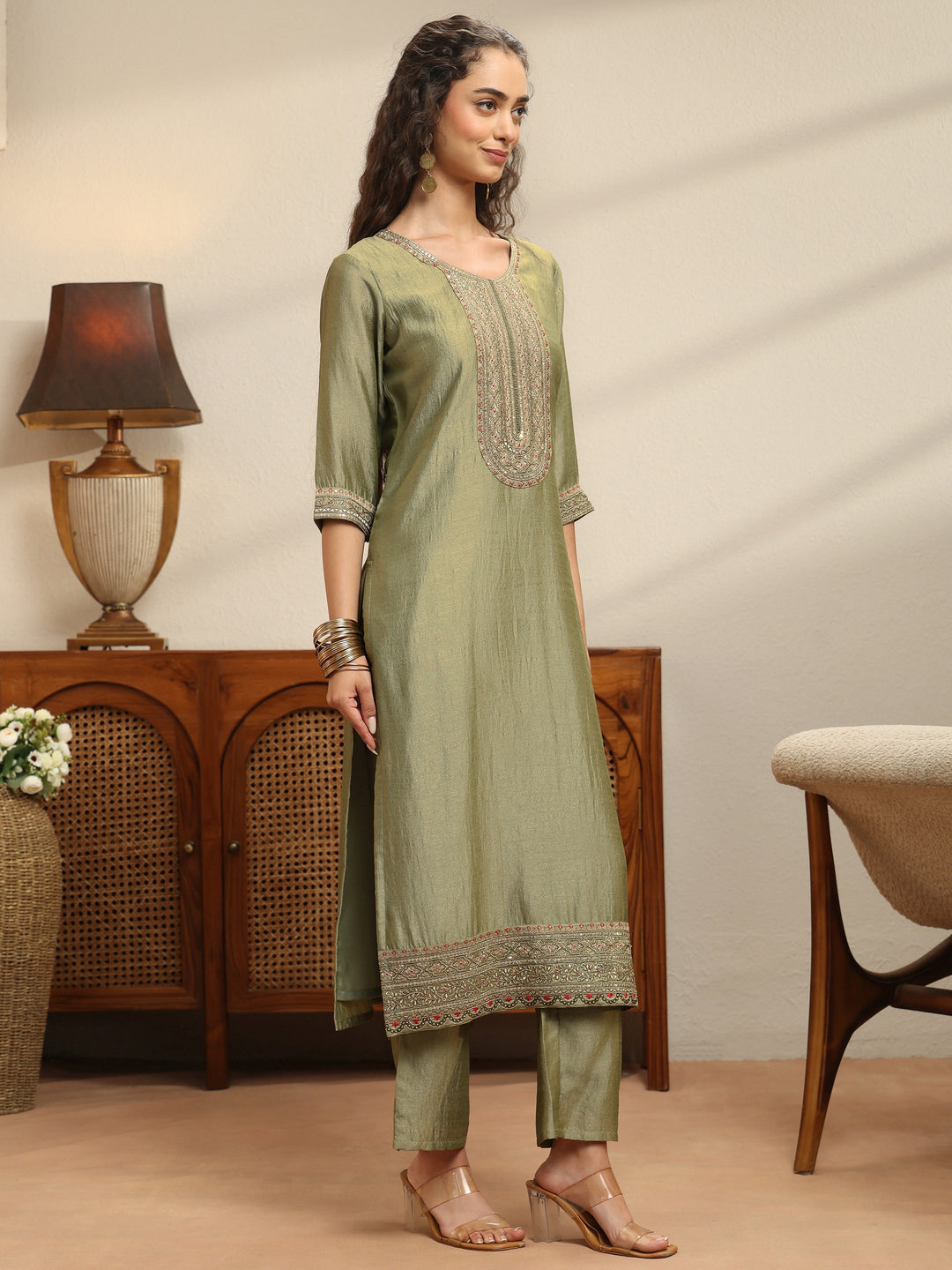 Sap Green Yoke Embellished Chanderi Silk Straight Suit Set 