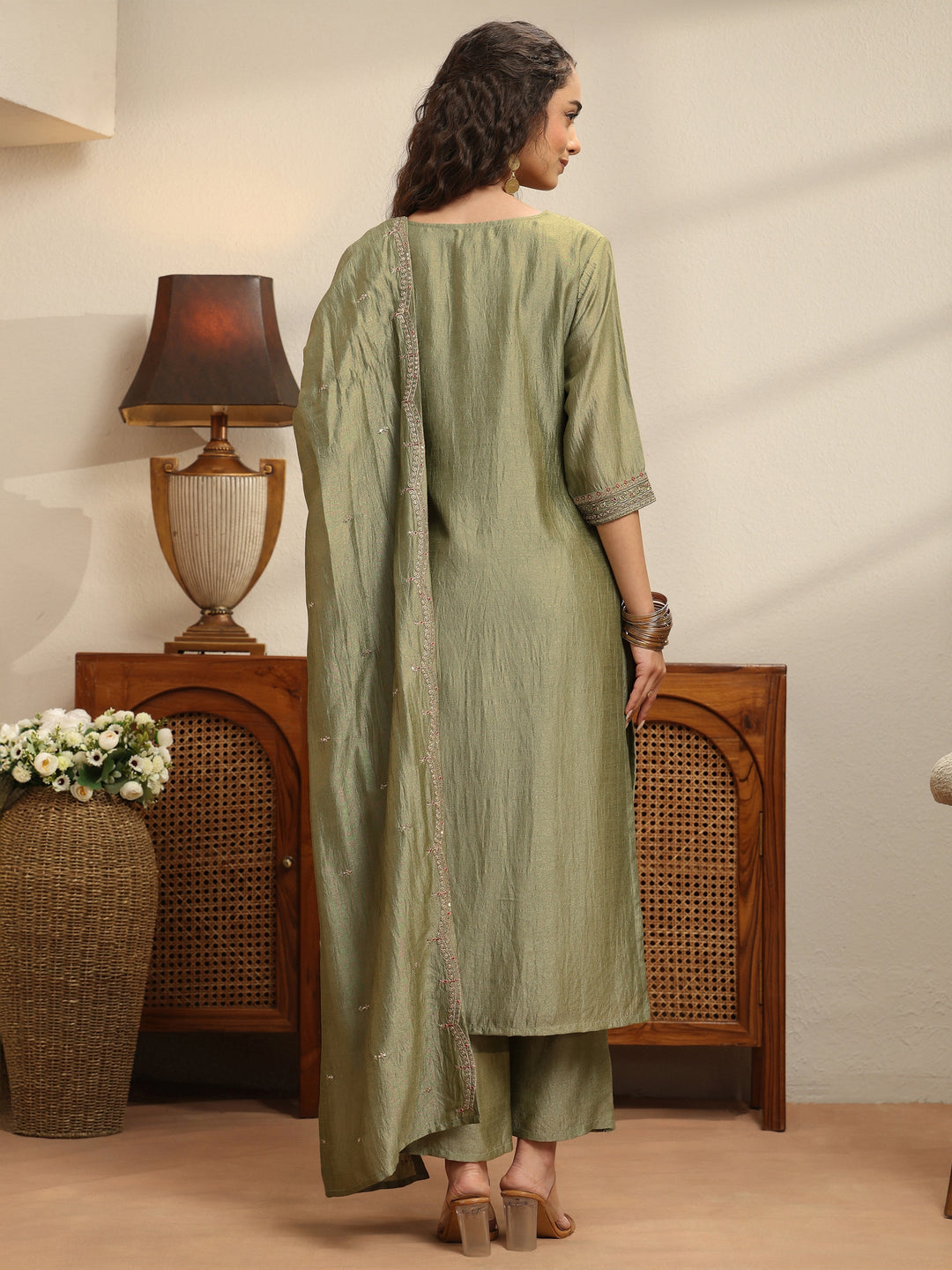  Sap Green Yoke Embellished Chanderi Silk Straight Suit Set 