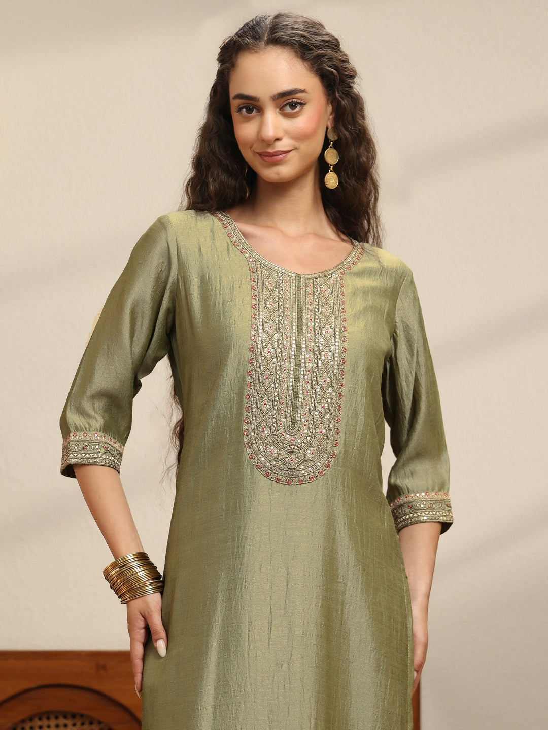  Sap Green Yoke Embellished Chanderi Silk Straight Suit Set 