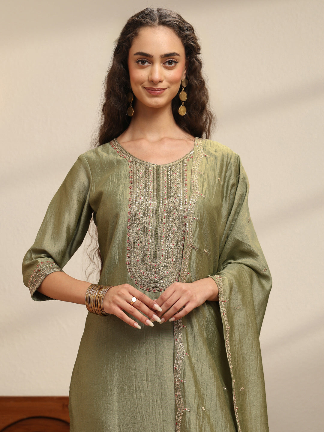 Sap Green Yoke Embellished Chanderi Silk Straight Suit Set 