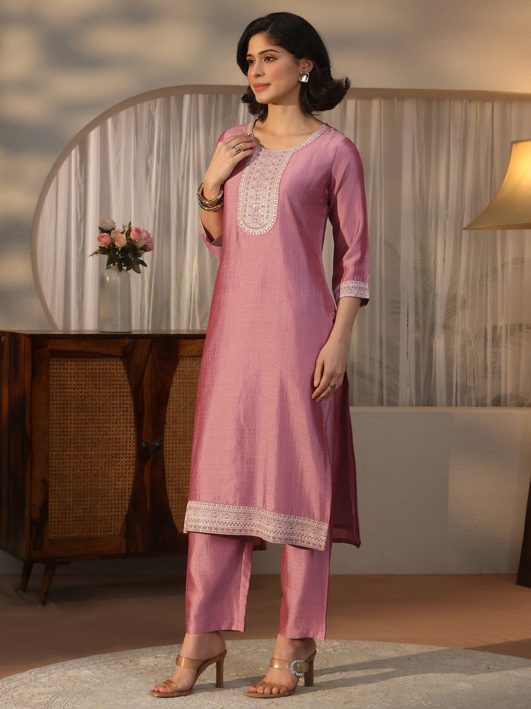  Libas Mauve Yoke Design Embroidered Chanderi Silk Straight Suit Set 