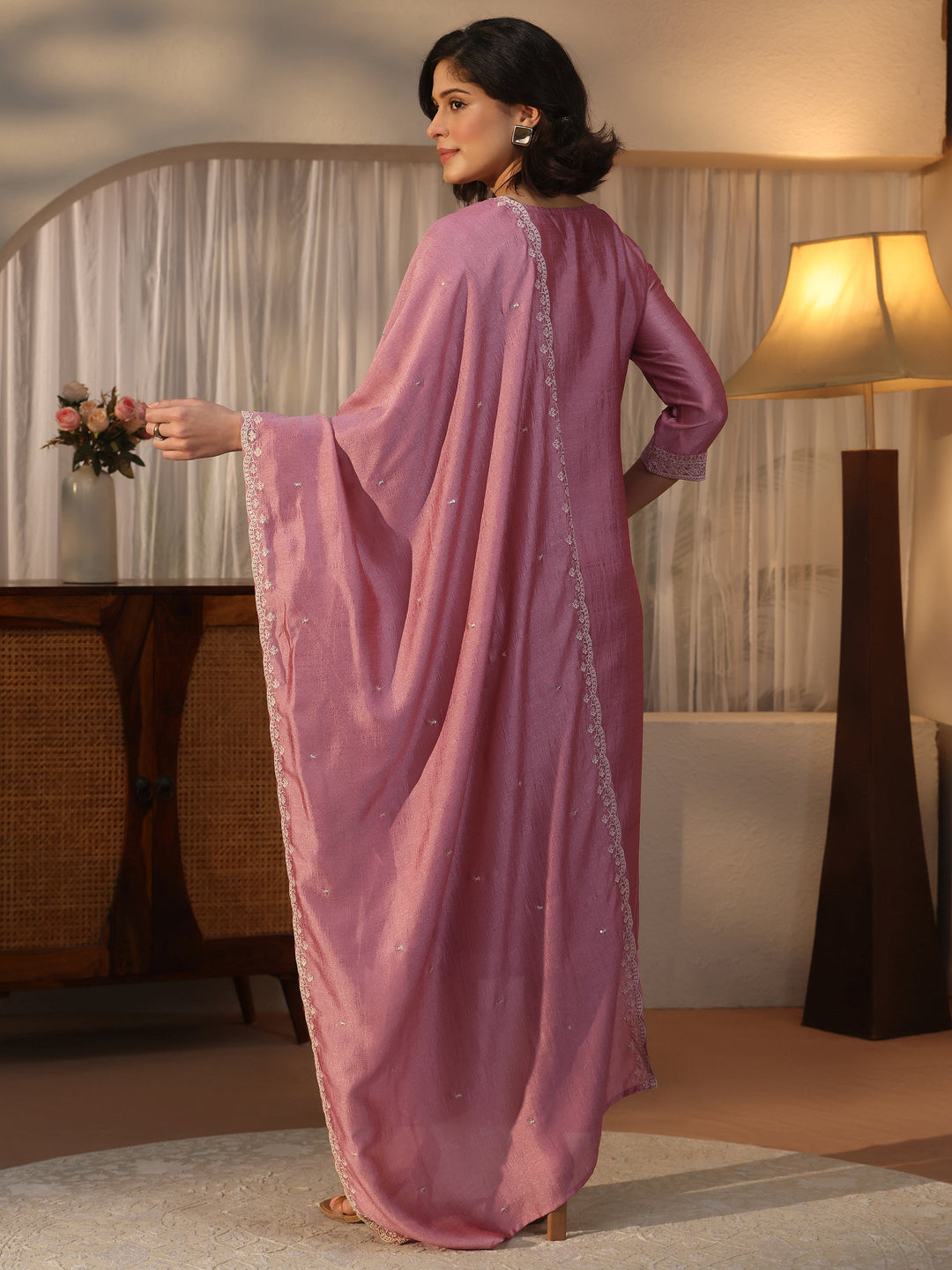  Libas Mauve Yoke Design Embroidered Chanderi Silk Straight Suit Set 