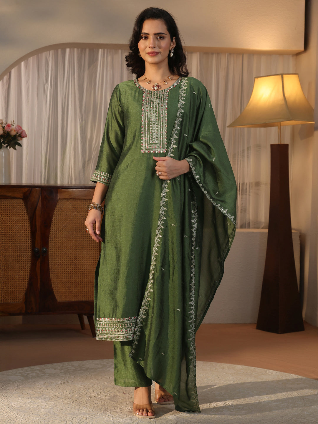  Libas Green Yoke Design Embroidered Chanderi Silk Straight Suit Set 