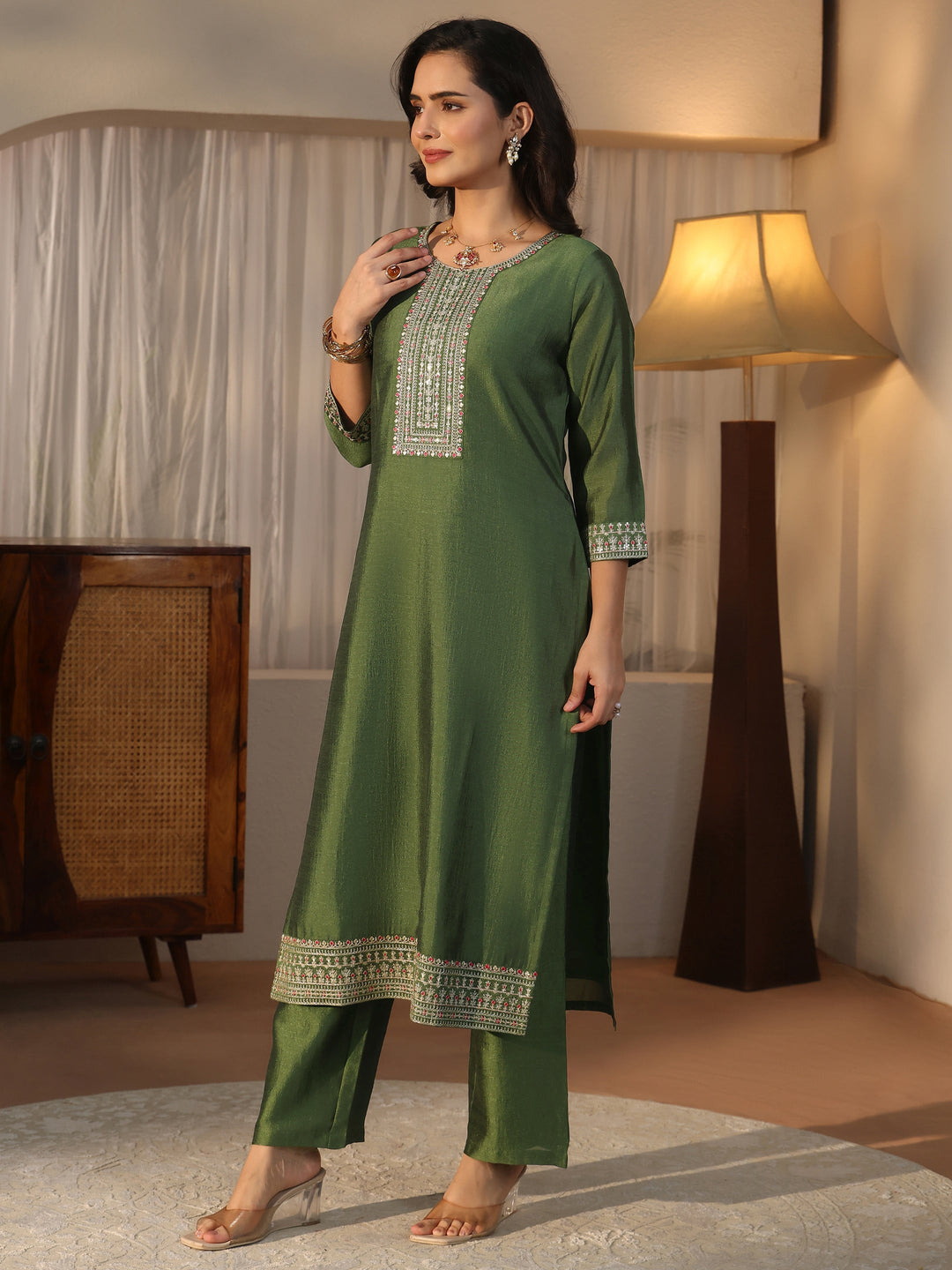  Libas Green Yoke Design Embroidered Chanderi Silk Straight Suit Set 