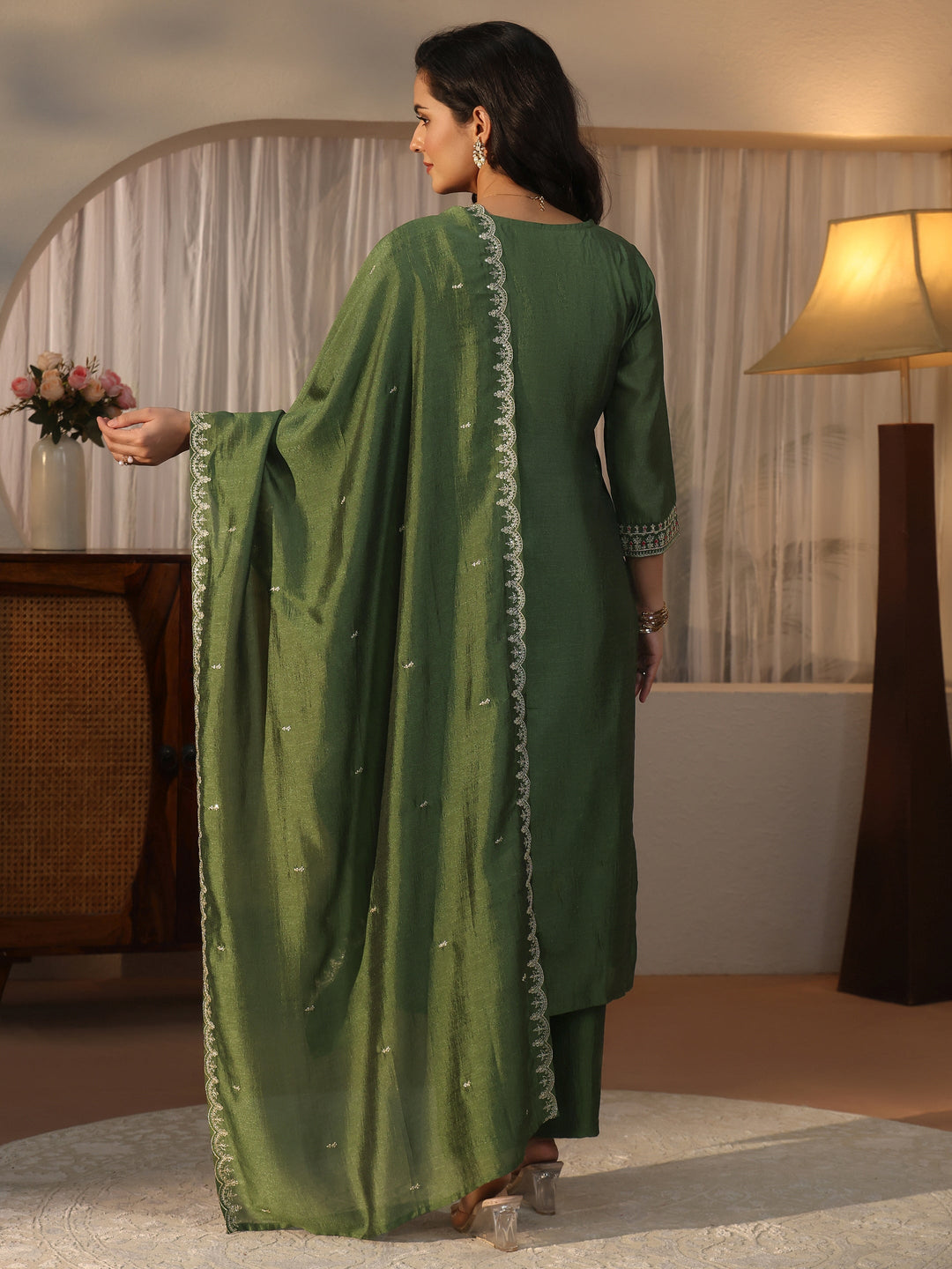 Libas Green Yoke Design Embroidered Chanderi Silk Straight Suit Set 