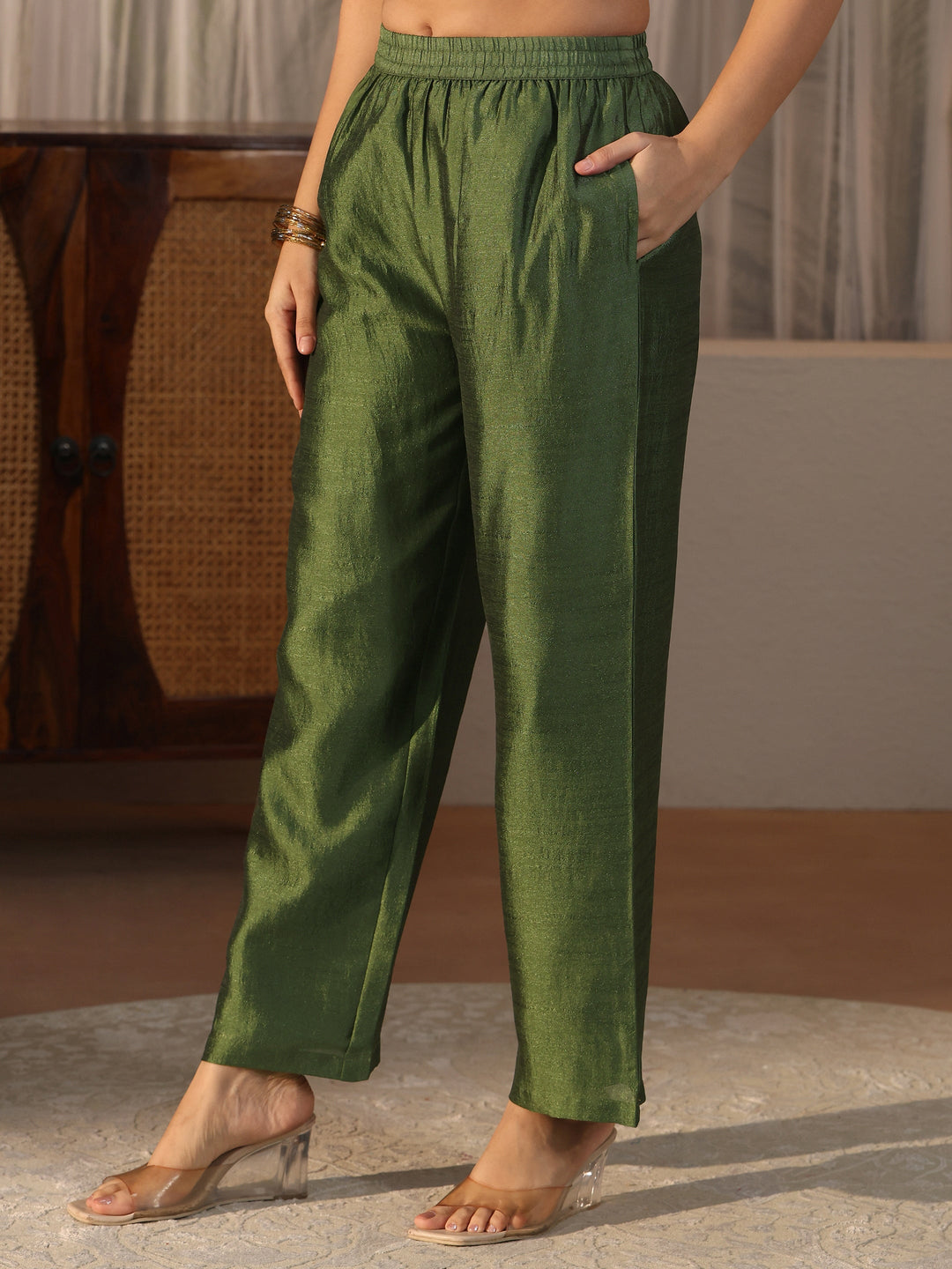  Libas Green Yoke Design Embroidered Chanderi Silk Straight Suit Set 