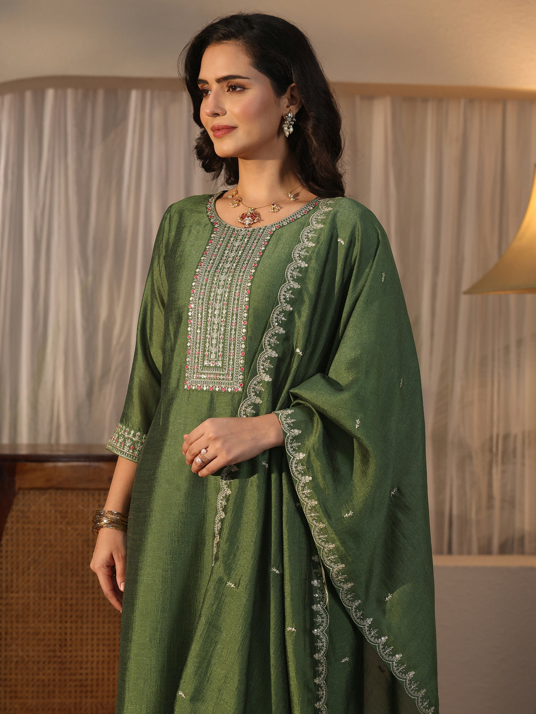  Libas Green Yoke Design Embroidered Chanderi Silk Straight Suit Set 