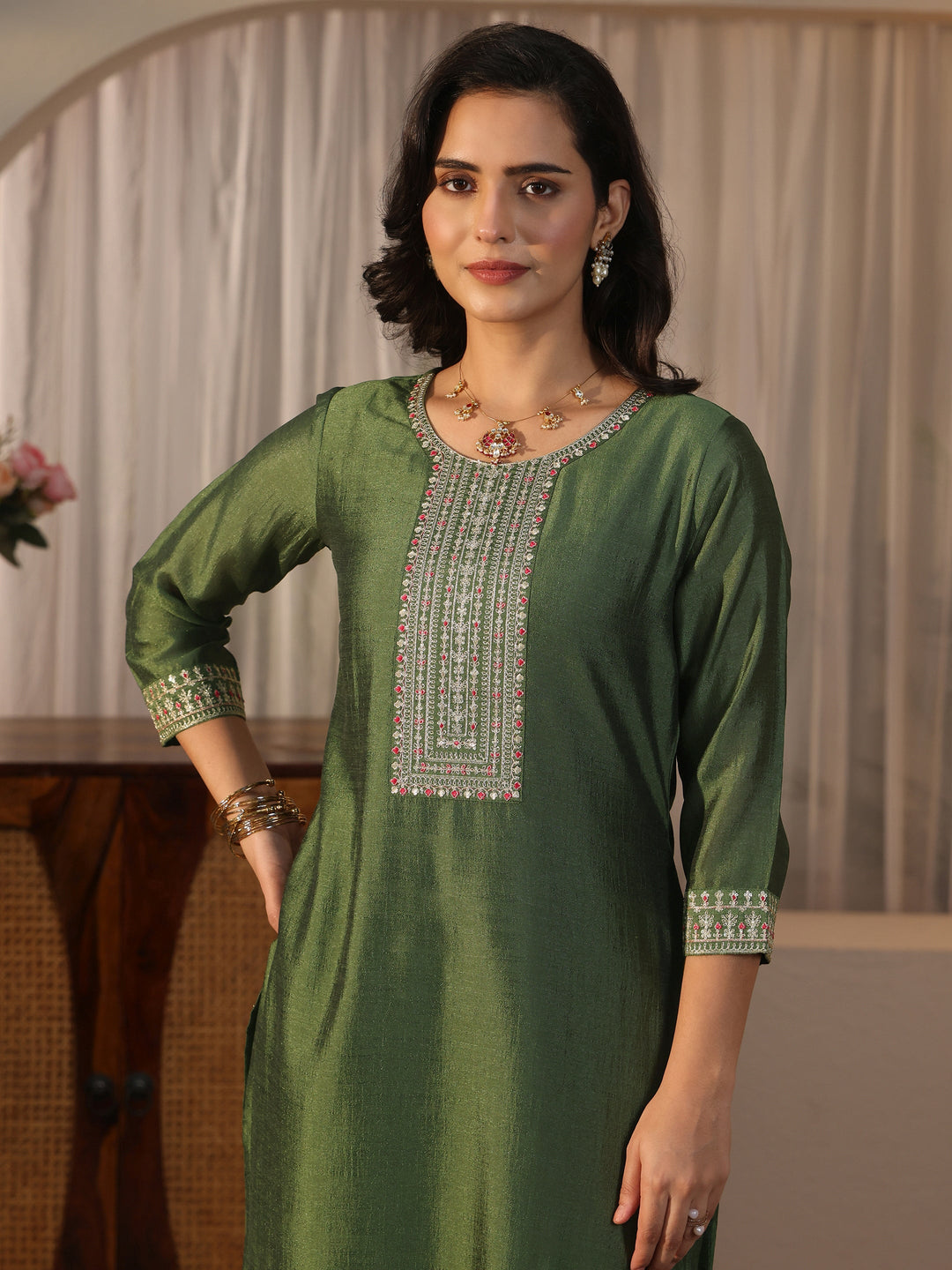  Libas Green Yoke Design Embroidered Chanderi Silk Straight Suit Set 
